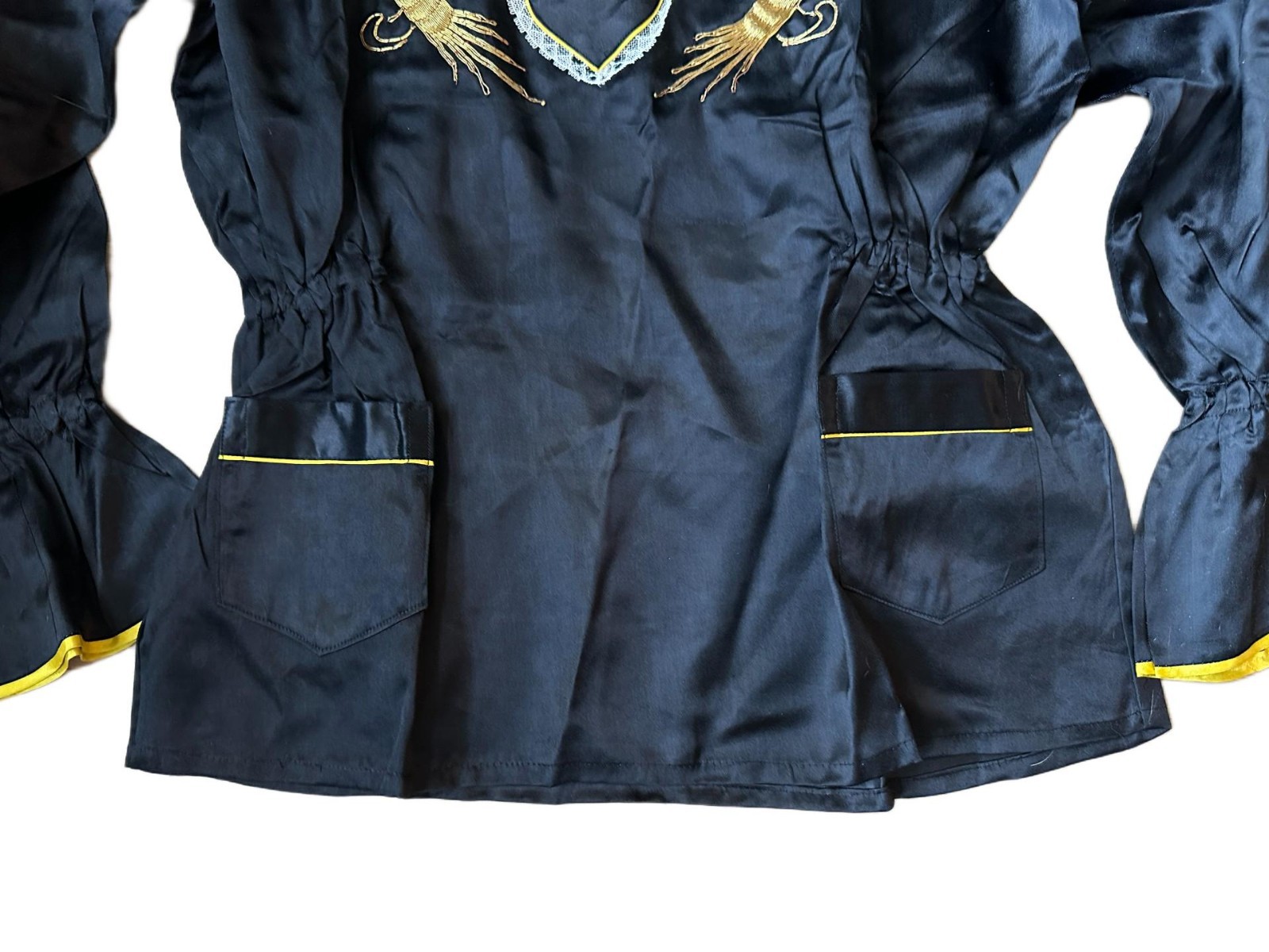 Vintage Chinese Black Silk Tang Suit w/Gold Dragon Embroidery 2 Pc Top & Pants