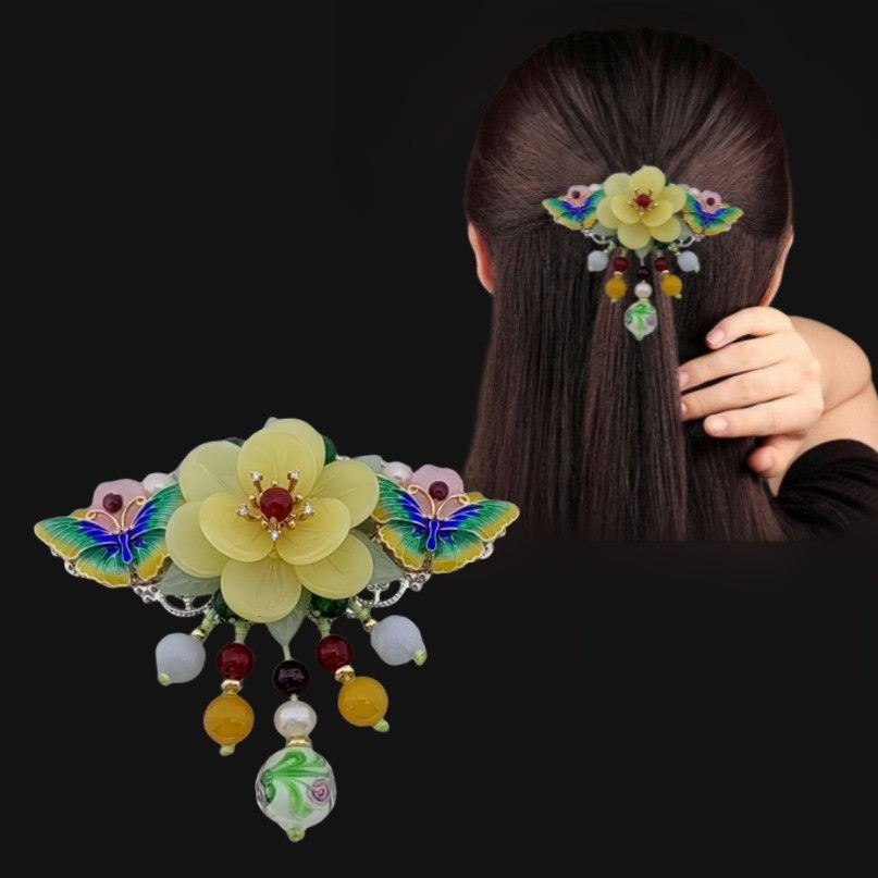 Vintage Cloisonne Top Clip Butterfly Flower Spring Hairpin Retro Ponytail Clip
