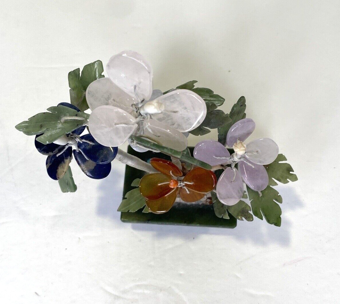 Vintage Bangkok Thailand Natural Polished Stone Flower Tree Jade Amber Blue