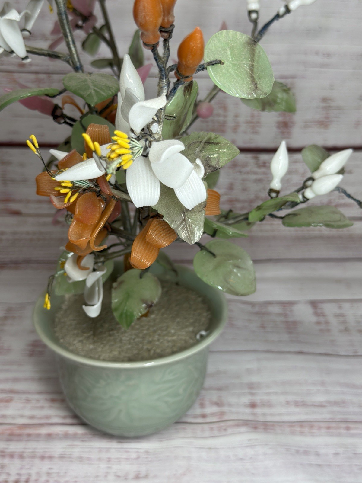 Vintage Japanese Chinese Asian Jade Glass Flowering Bonsai Tree 16”x12” Wide