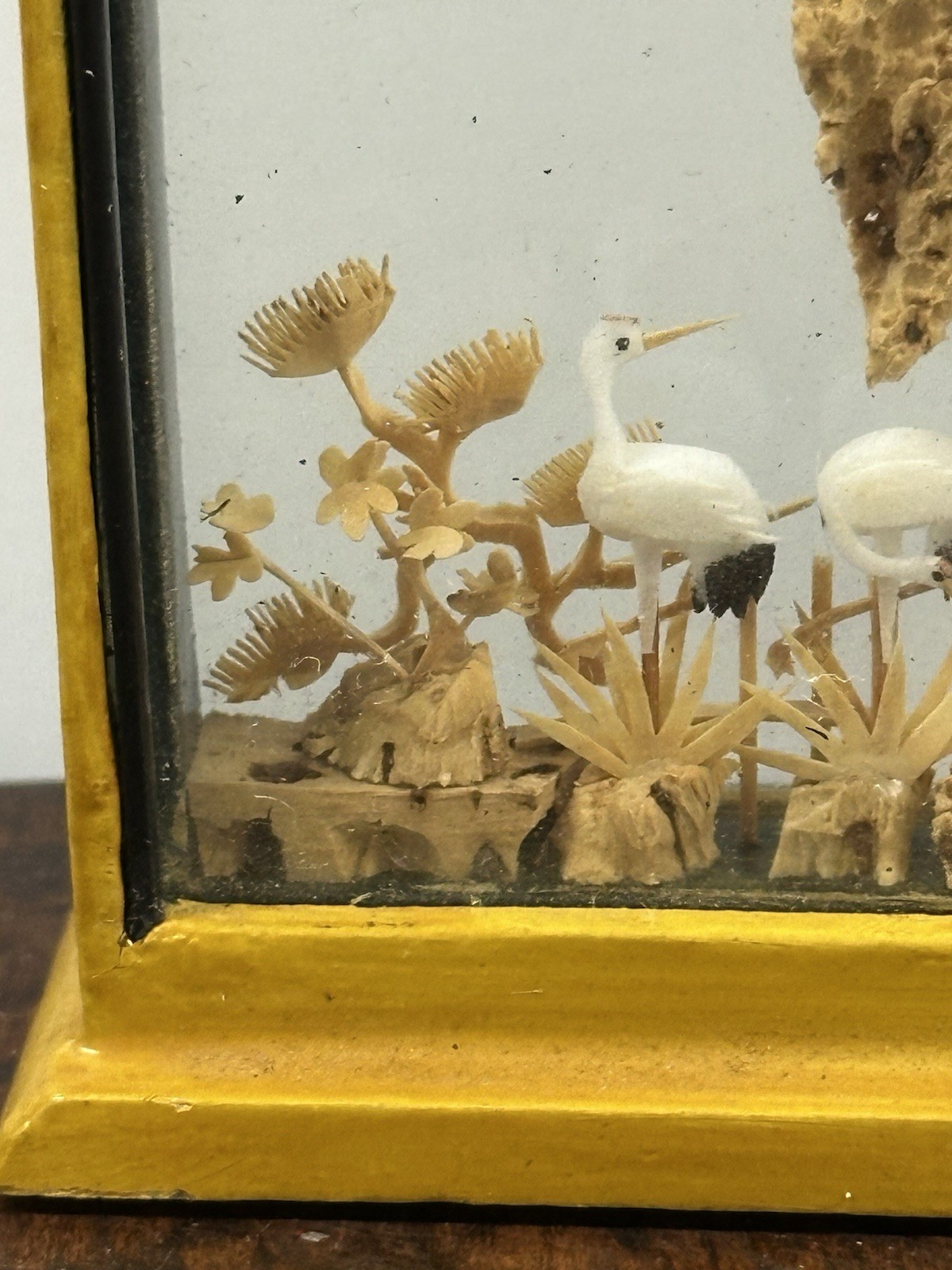 Carved Cork Chinese Art Diorama with Cranes Pagoda & Trees Vintage Collectible