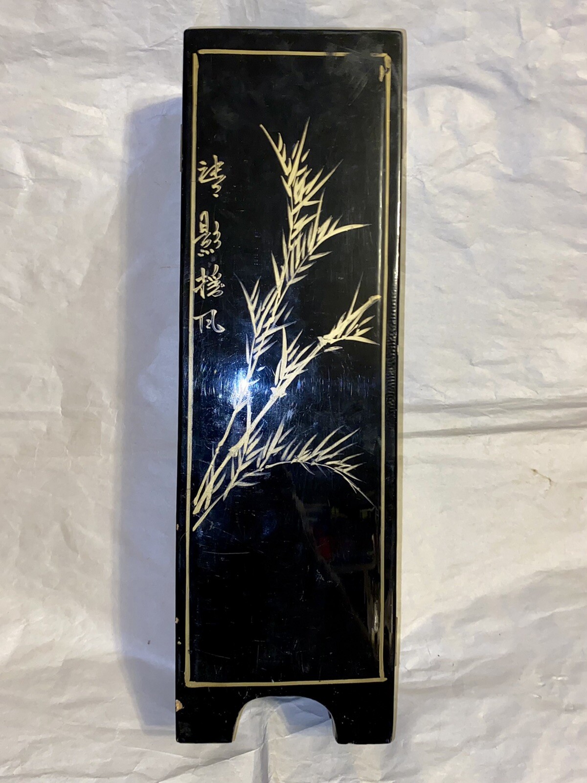 CHINESE GEISHA ART 14” Table Top Mother Of Pearl Black Lacquer Wooden Panels HTF