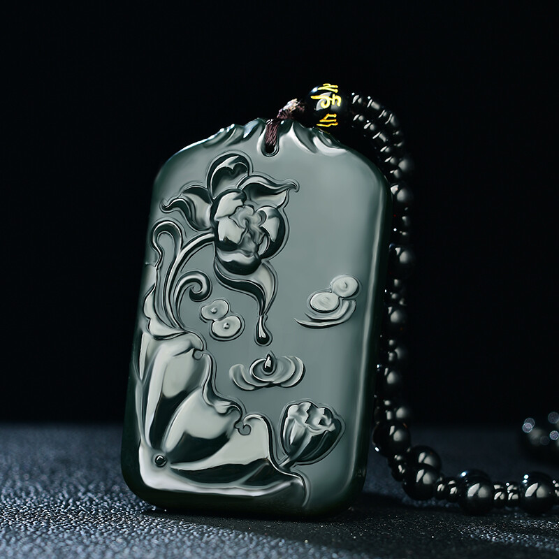 Chinese Hetian Gray Jade Hand Carving Lotus Pond Lotus Flower Cyprinoid Pendant