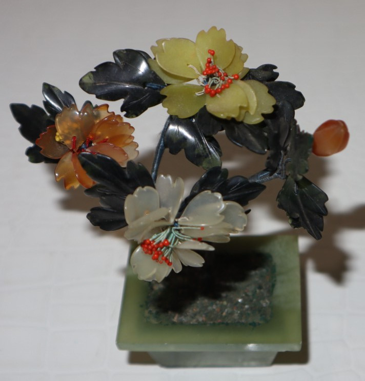 Hand Carved Miniature Jade Tree with Rose Quartz, Jade & Carnelian