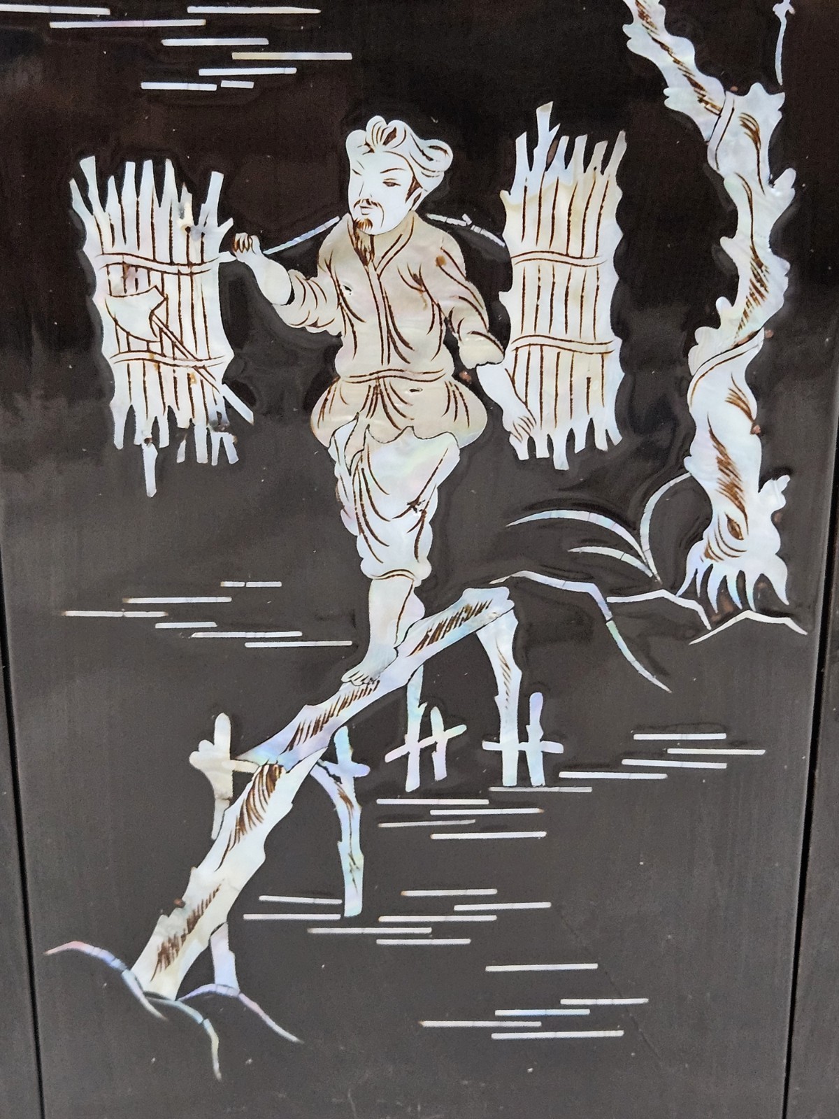 Vintage Asian Black Lacquer Mother of Pearl Inlay Wall Panels Set of 4