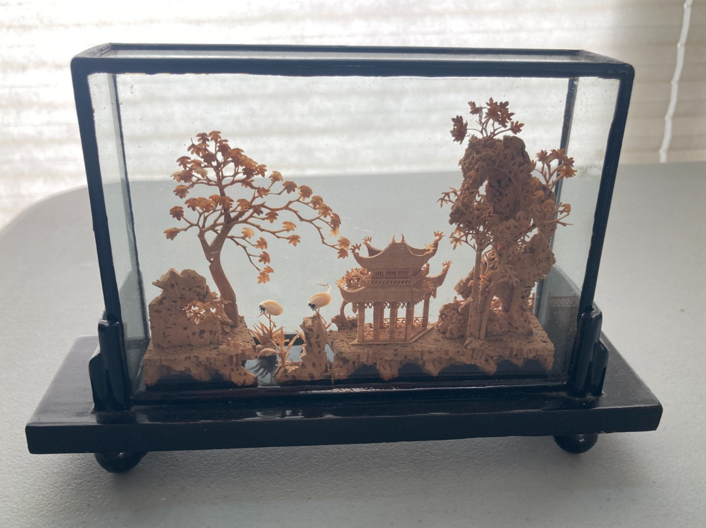 Hand Carved Cork Diorama Chinese Landscape Pagoda Scene Glass Case