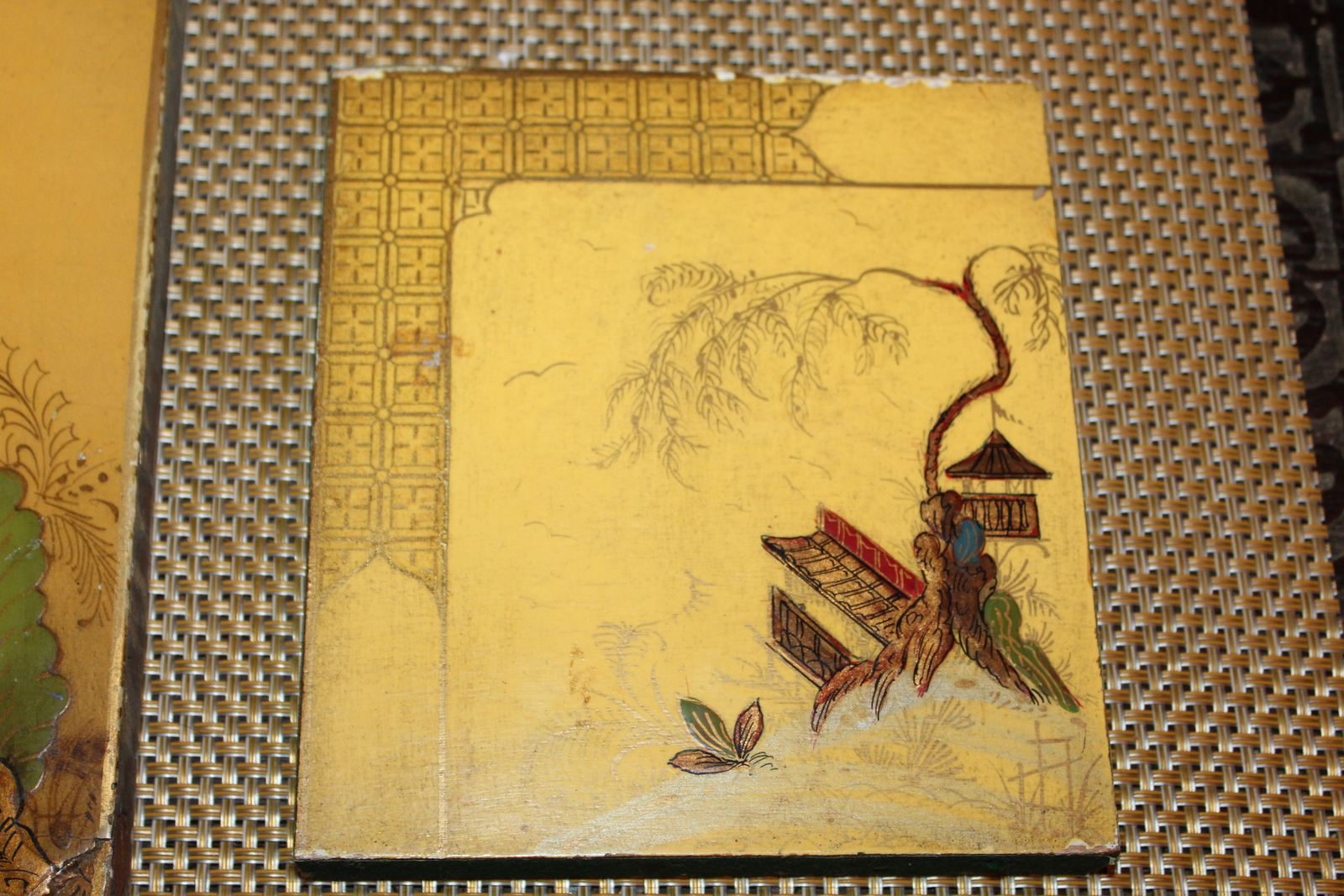 Pair Chinese Wood Painted Furniture Panels Village Trees