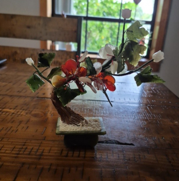 Jade Stone Bonsai Tree White Roses Carnelian Red Flowers Green Jade Leaves Base