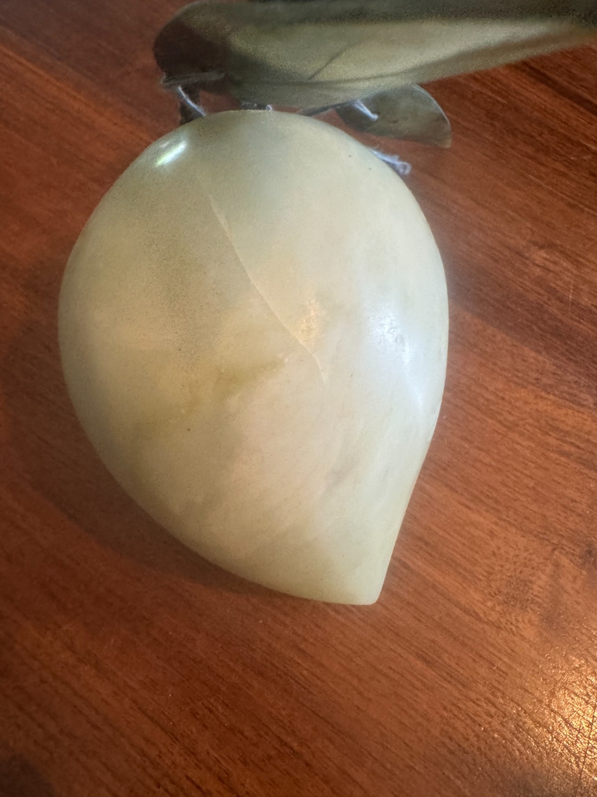 Vtg 5″ Asian Carved Green Jade Peach/Plum with Leaves Hard Stone READ