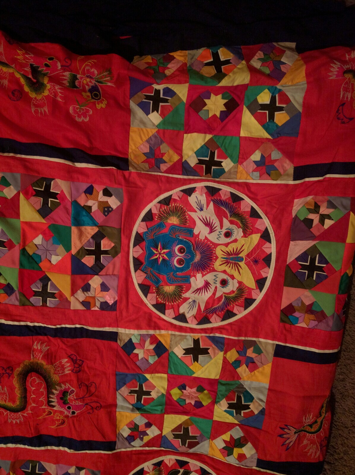 Vntg multi-color Chinese “bai Jim bie” Folk Art Quilt 59” x 59” 3D Textile Art