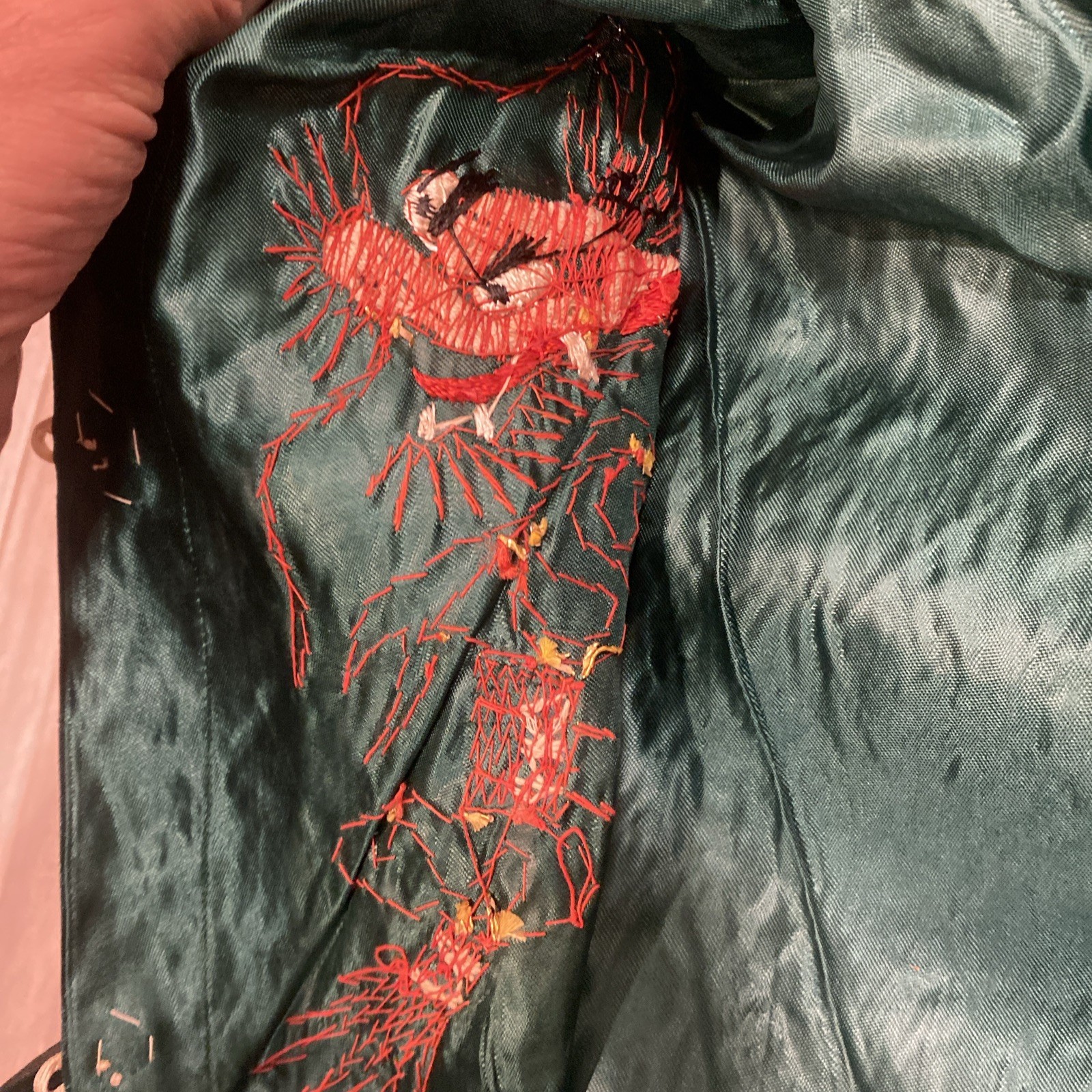 Vintage 1950s Chinese Dragon Embroidered Handmade Satin Women Bedtime Box Set