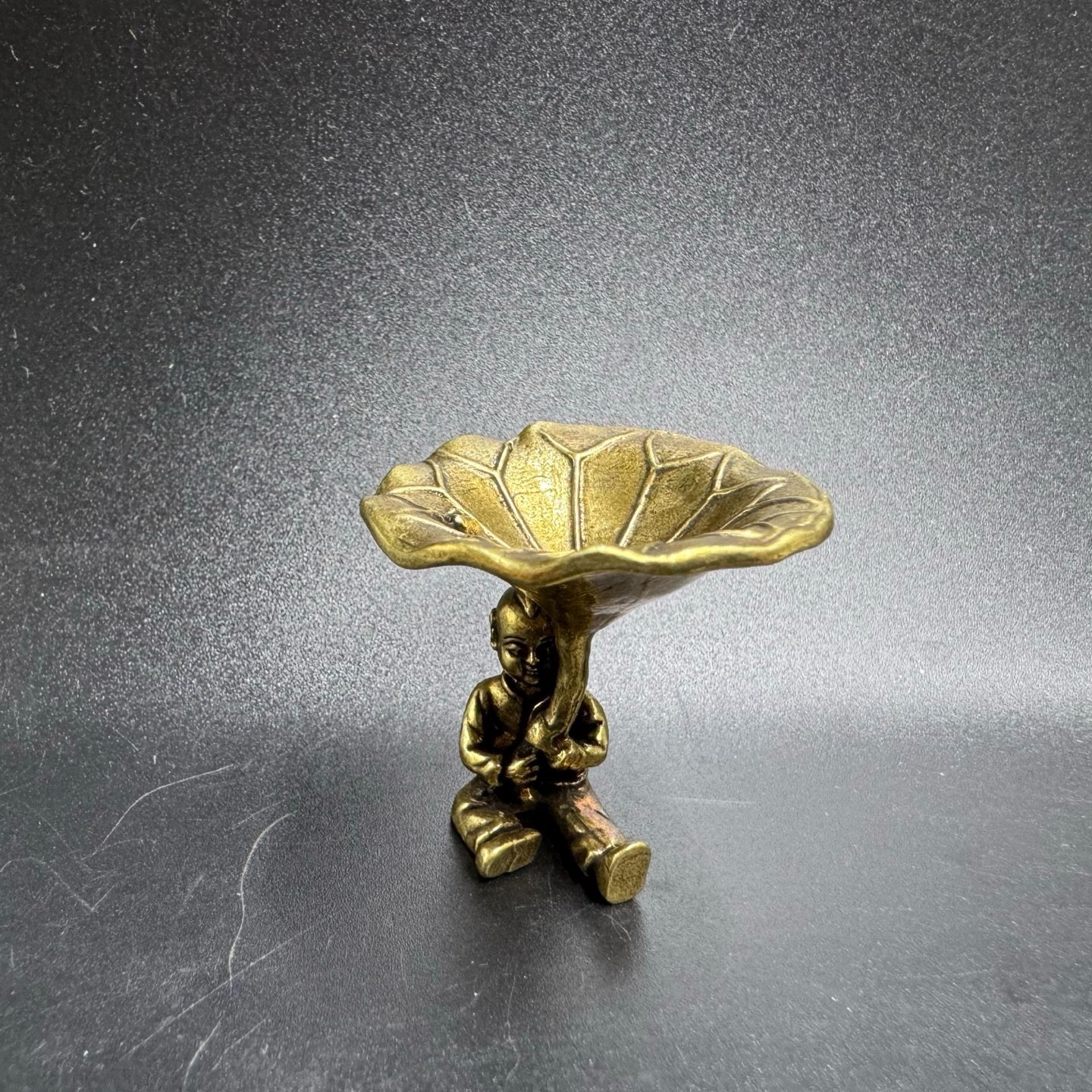 Vintage Brass Boy Holding Lotus Leaf Tray Incense Holder Tiny Jewelry Storage