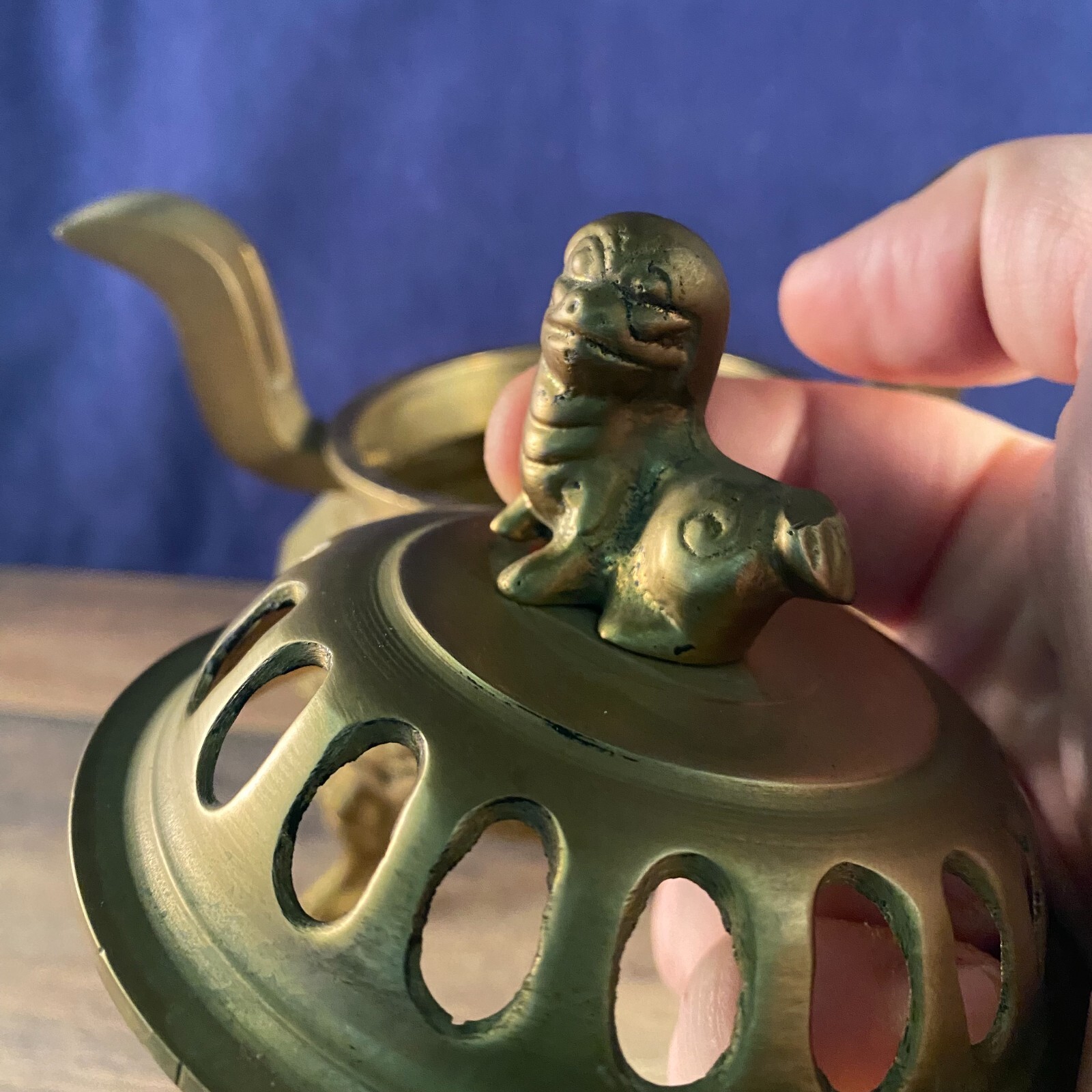 Vintage Asian Three Footed Solid Brass Incense Burner Foo Dog Lid Dragon Base