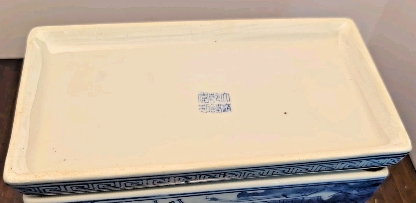 Chinese Blue & White Square Box w/Lid Porcelain Hand Painted Stamped. Qianlong?