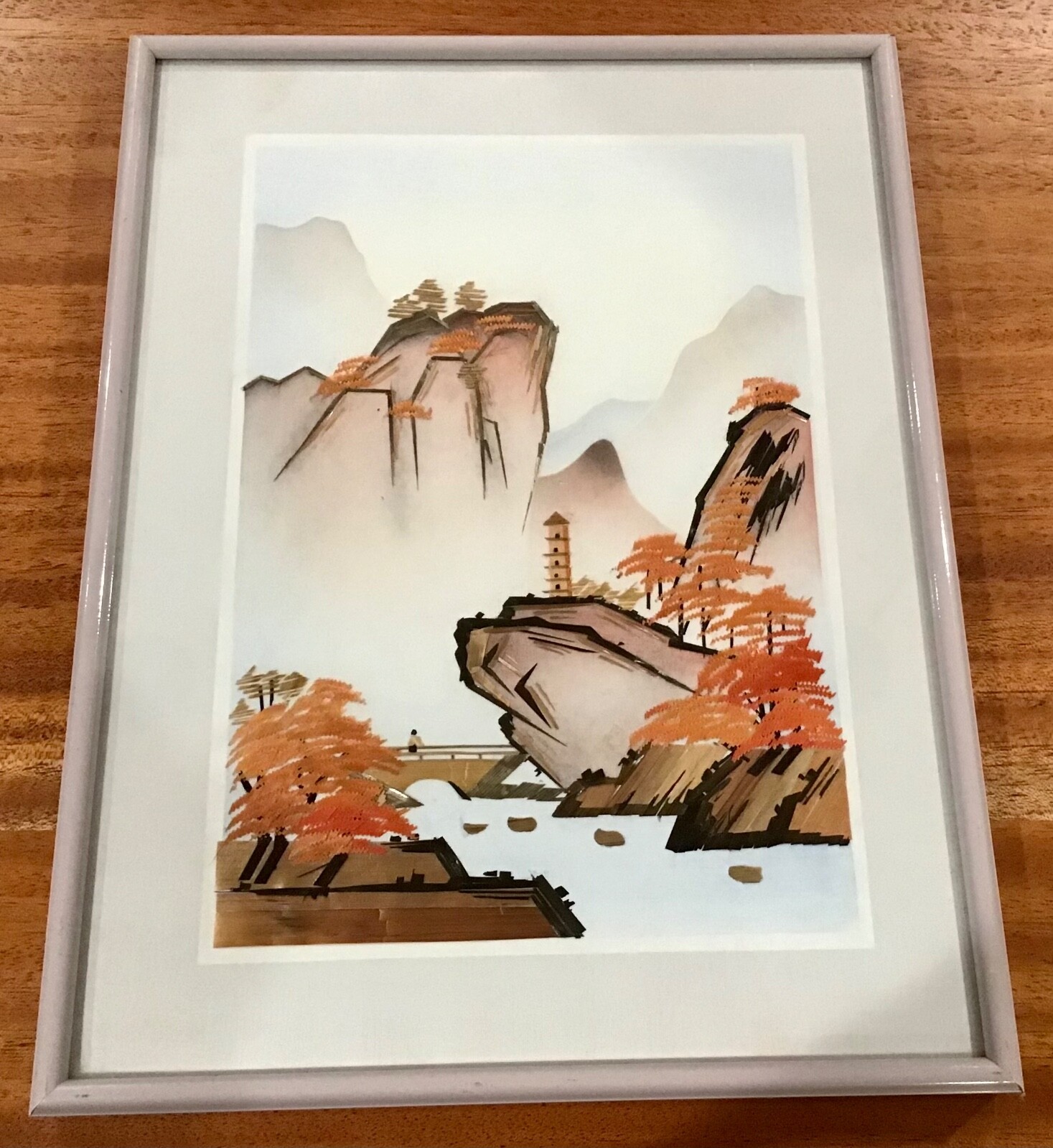 VTG ASIAN CLOTH PAINTED WOOD PICTURE MOUNTAINS WALL ART FRAMED- 1 OF 2 AVAILABLE