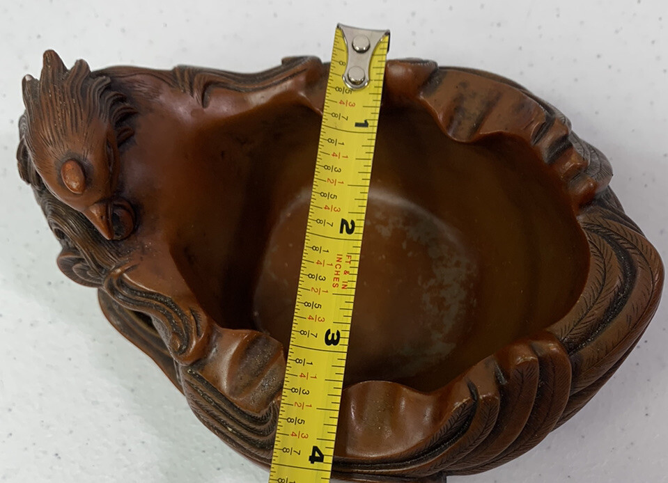 Vintage Chinese Boxwood Hand Carved Peng Bird Ashtray Trinket Box