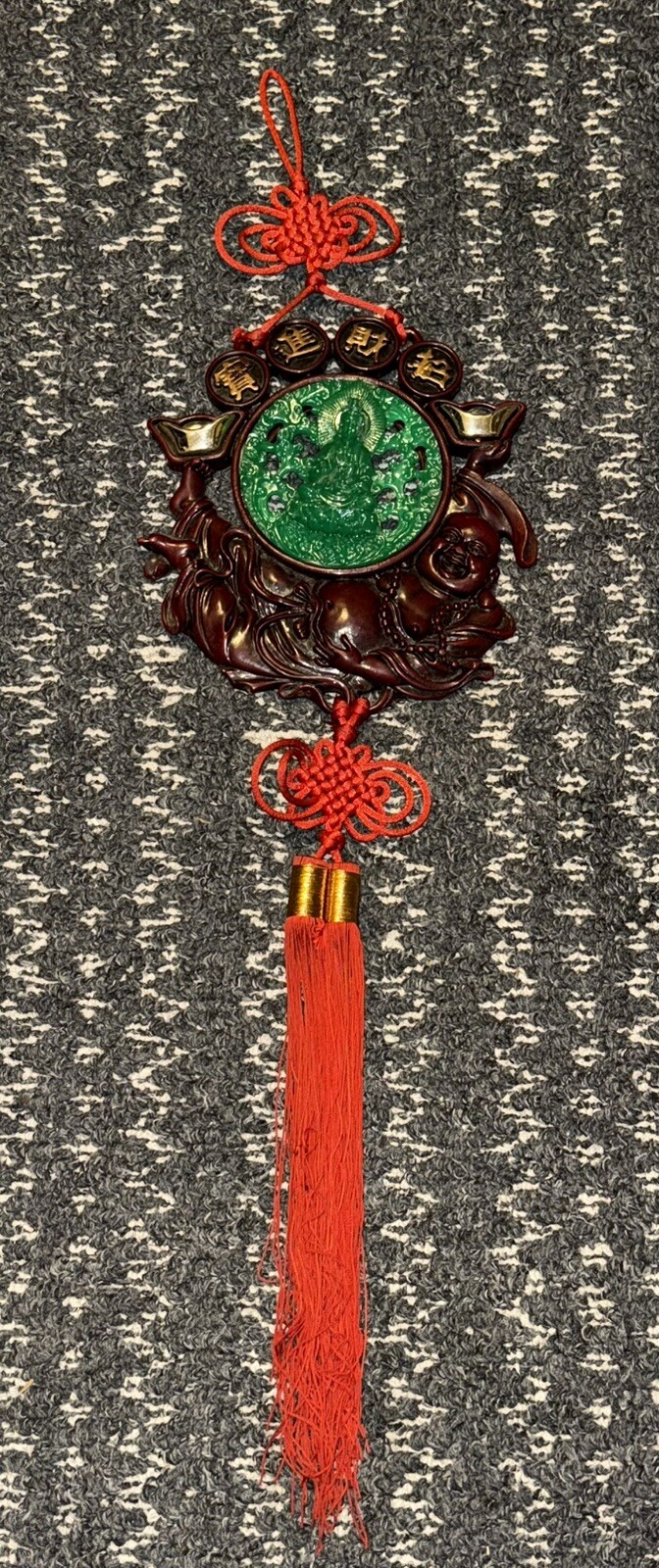 Vtg Chinese Culture Red Knot Happy Buddha Resin Green Faux Jade Wall Hanging