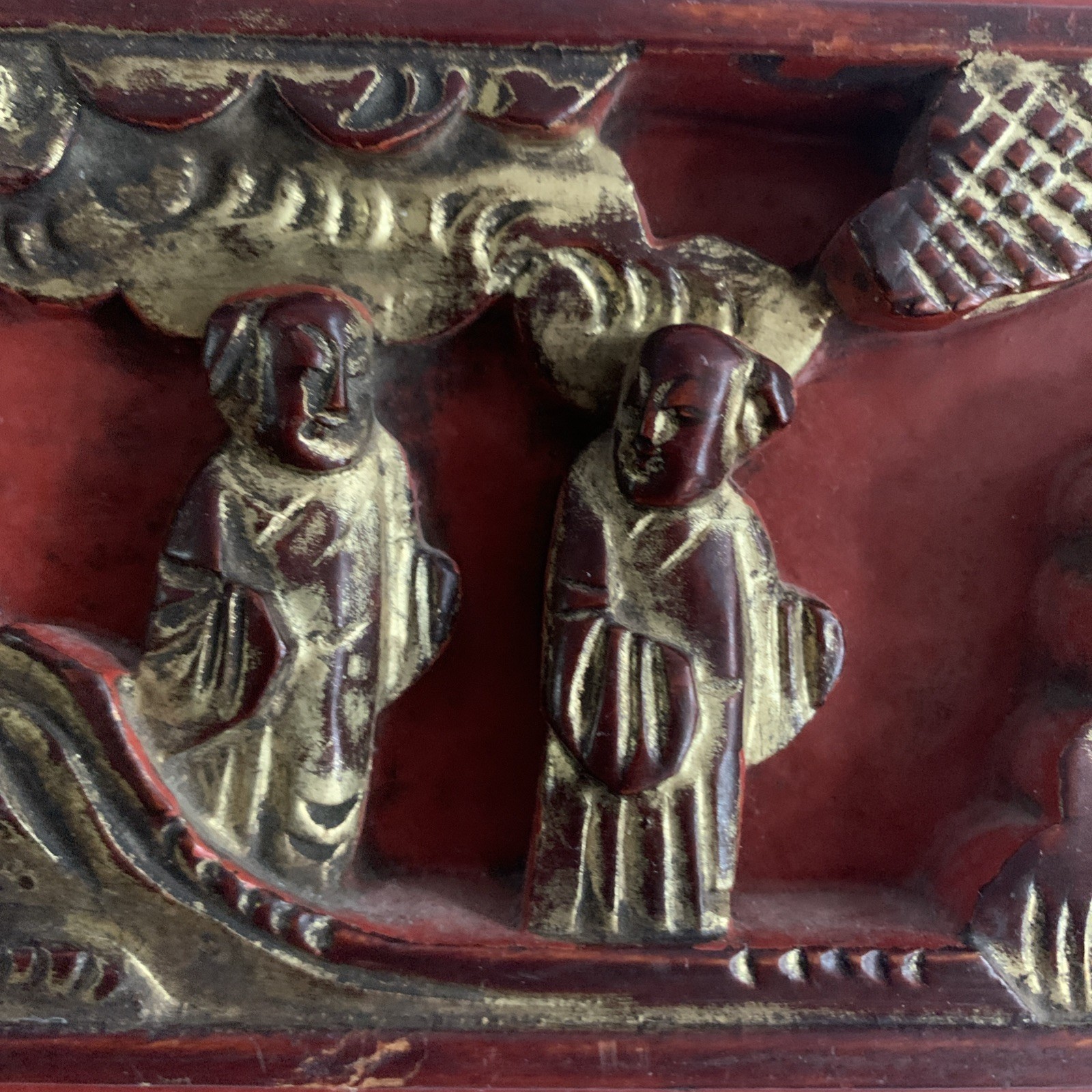 Chinoserie Hand Carved Wood Red Gilded 3D Relief Pagoda People Tree Garden Panel