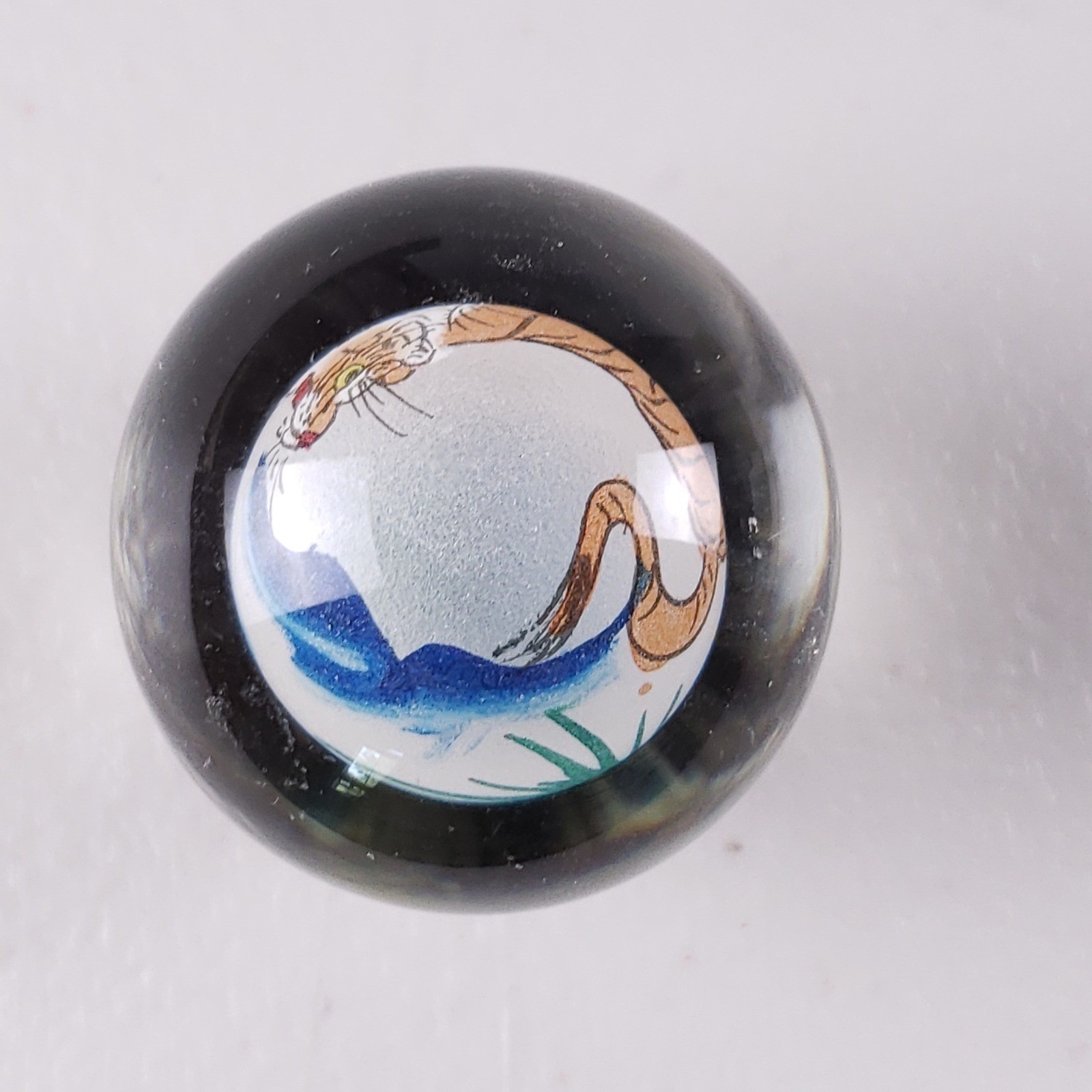Vintage Chinese Hand Painted Tiger Glass Orb Sphere with Wood Stand and Box