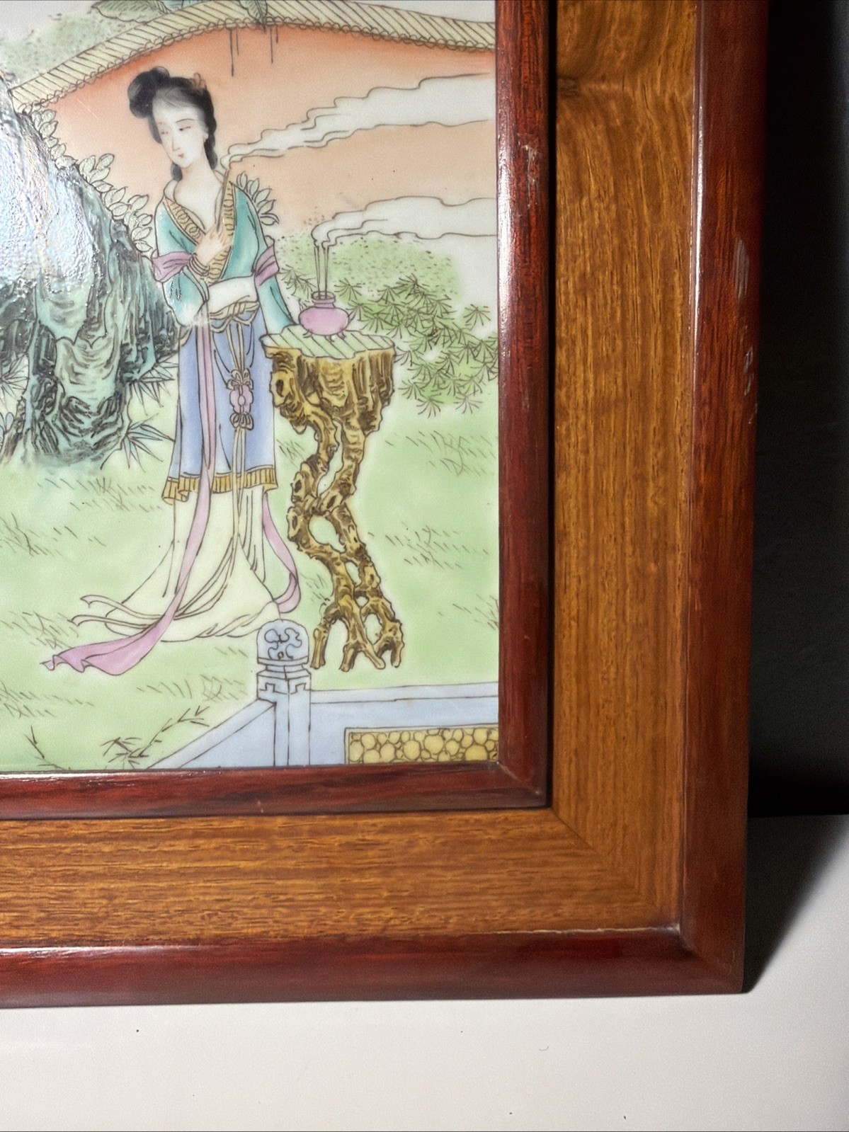 Vtg Chinese Porcelain Painting Interior Scene Plaque Republic Period 1940’s