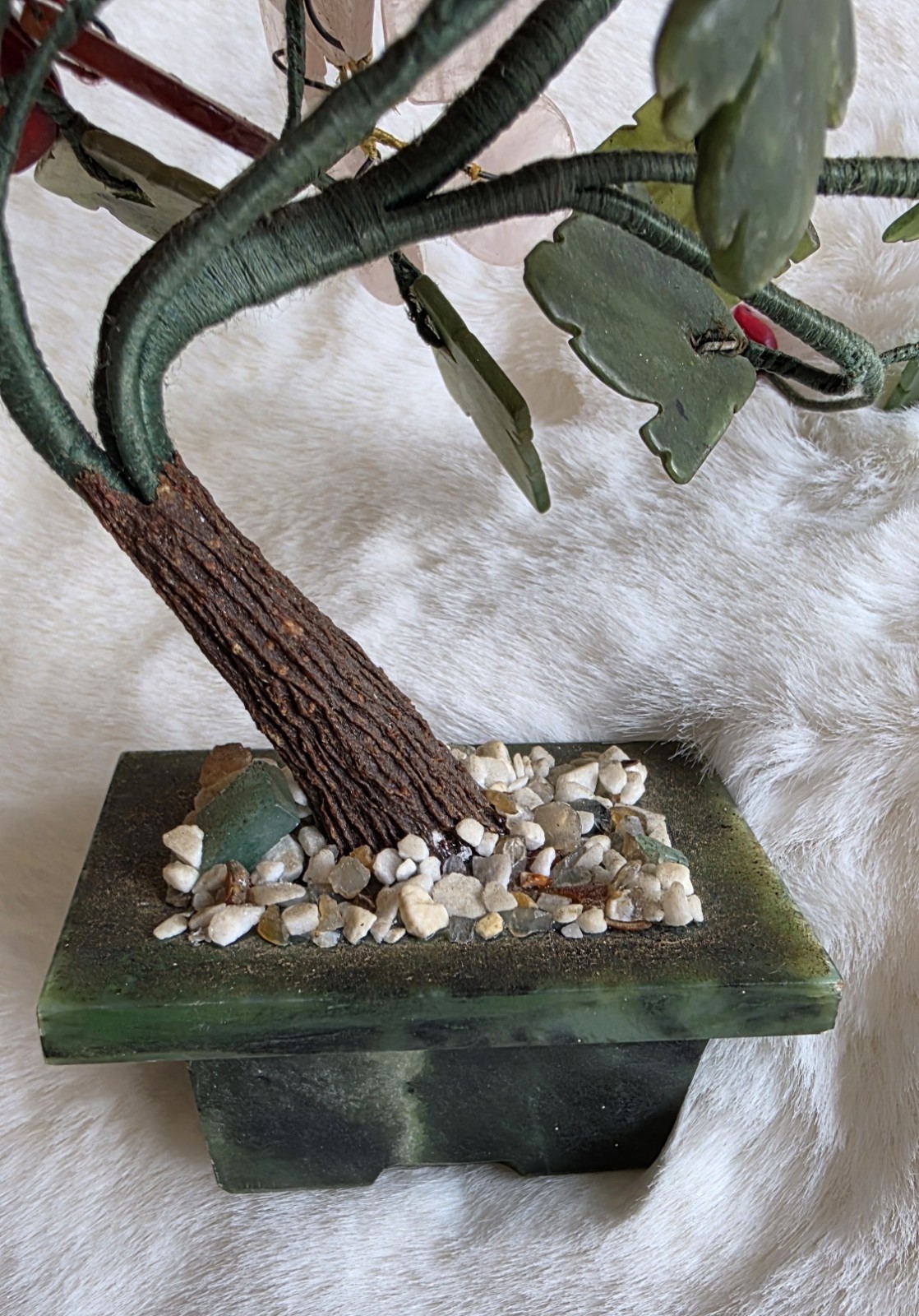Small Hand Carved Chinese Jade & Semiprecious Stone Flower Bonsai Tree Figurine