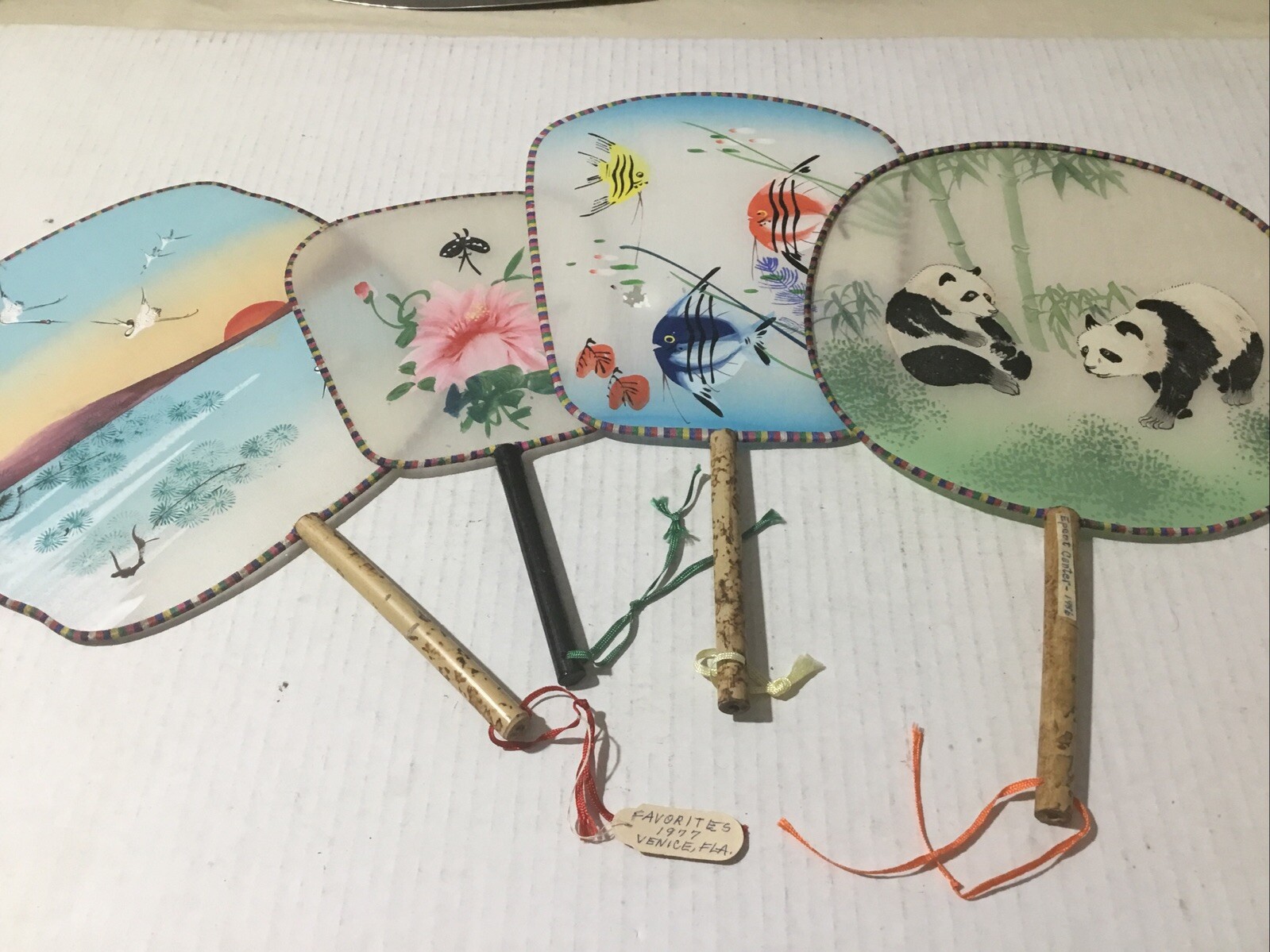 4 Vintage Silk Fans Pandas – Flower – Sea Scape – Sea Life.