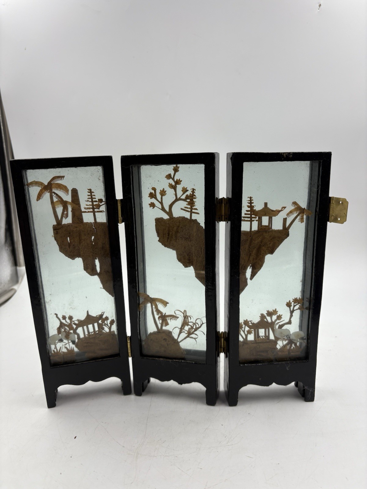 Vintage Carved Cork Art Diorama Tri Fold Table Decor Black Frame Asian