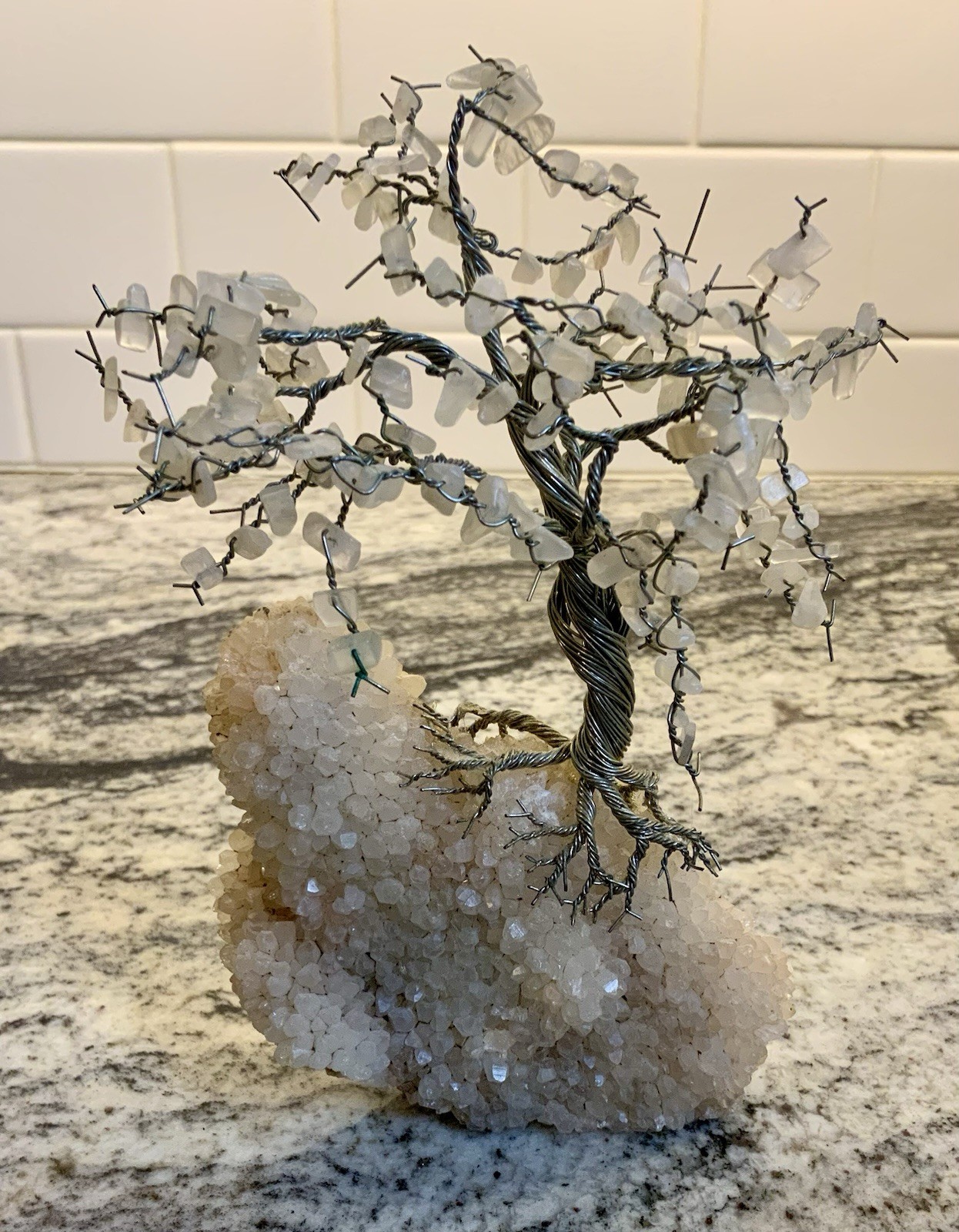 7″ WHITE QUARTZ BONSAI TREE VINTAGE WIRE WRAP ARTWORK PROSPERITY ASIAN FOLKLORE