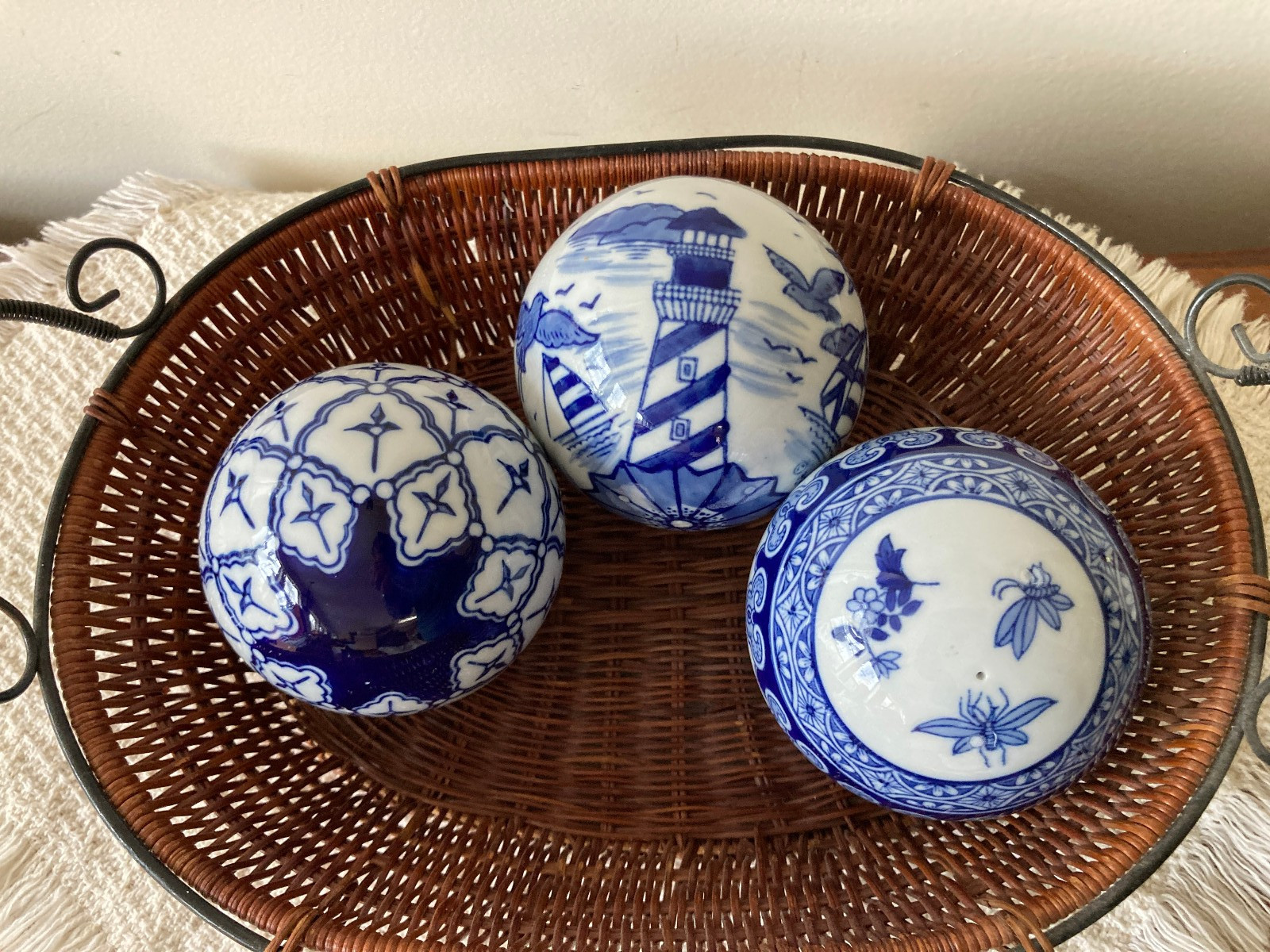 Lot~3 Cobalt Blue & White Carpet Balls 3.25-3.5″ Geometric Patterns & Lighthouse