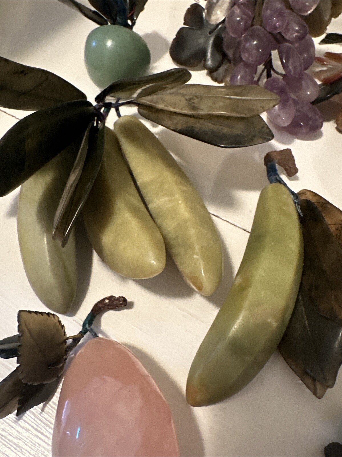 Group Chinese Carved Jade, Agate, Rose Quartz Gemstone Flowers Fruits Vegetables