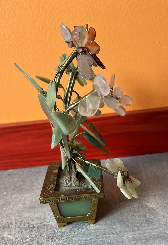 Vintage Chinese Jade Amethyst Carnelian Quartz Flowers Tree Brass Pot Marked