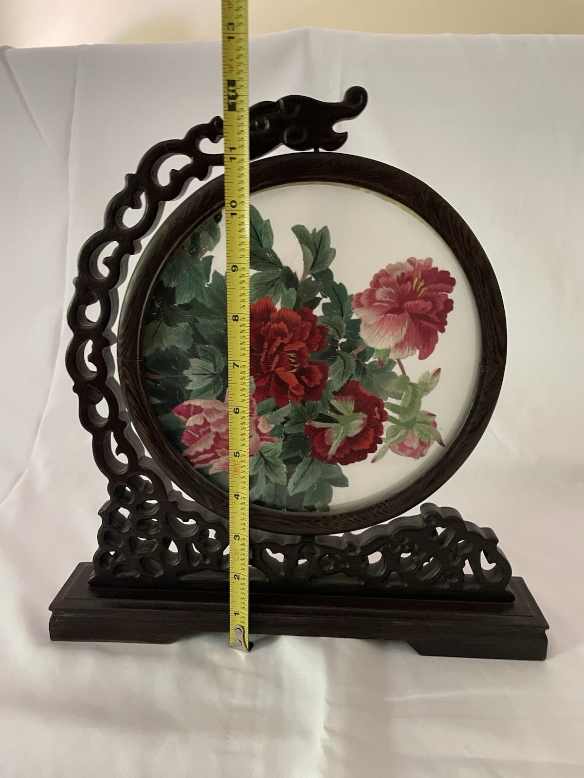Vintage Chinese Double Sided Silk Embroidery Peony Flower Table Screen
