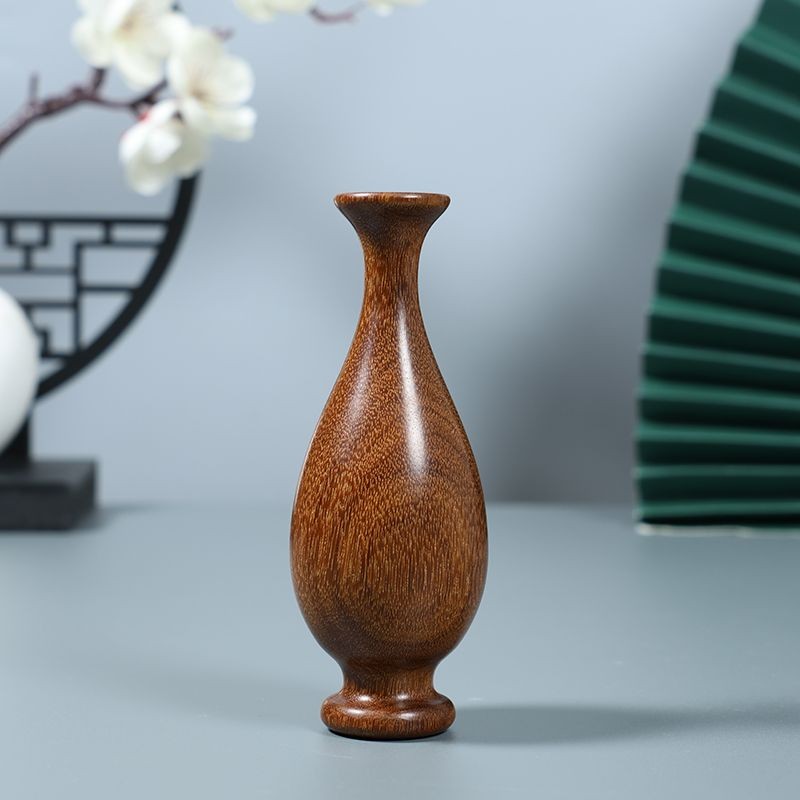 Golden Sandalwood Carved Mini Vase Chinese Style Solid Wood Luxury Decor