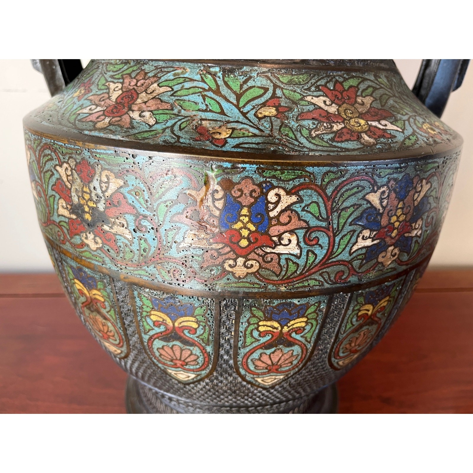 Large 42″ Chinese Cloisonné & Bronze Taotie Hu Vase Table Lamp