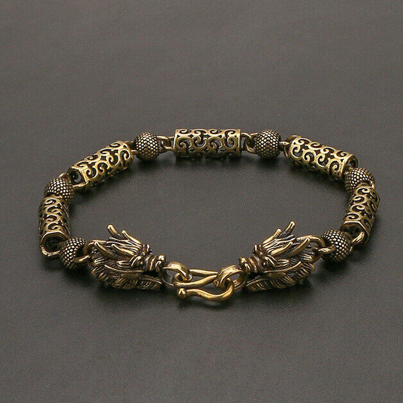 9.45″ Chinese Vintage Pure Copper Bracelet Xiangyun Dragon Couple Bracelet Gift