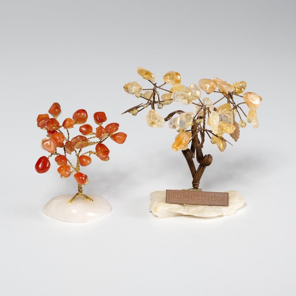 Pair of Vintage Citrine Carnelian Stone Chakras Mini Bonsai Desk Gemstone Trees