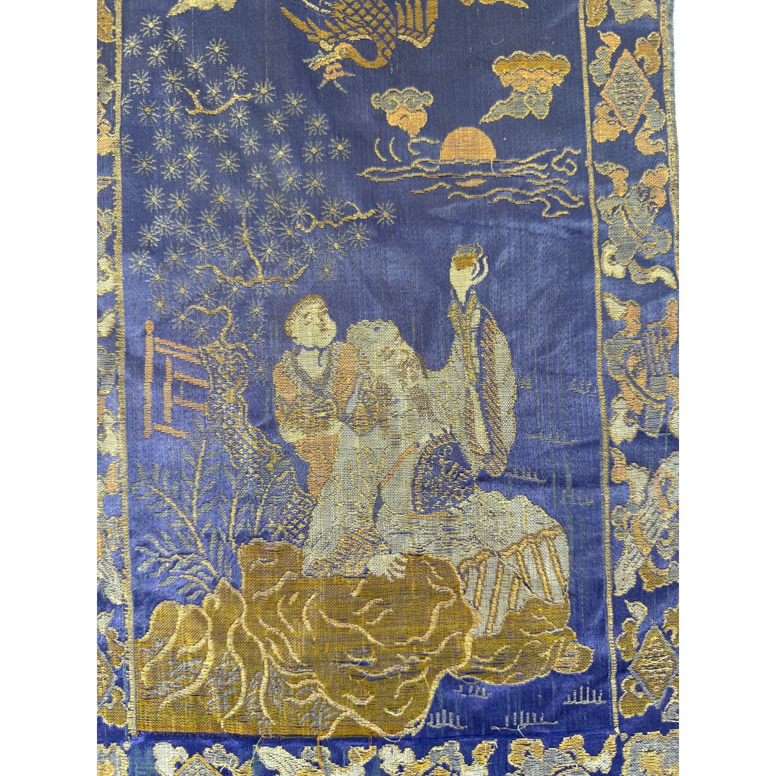 Antique Chinese Silk Brocade Cranes & Scholars Tapestry 18x10in