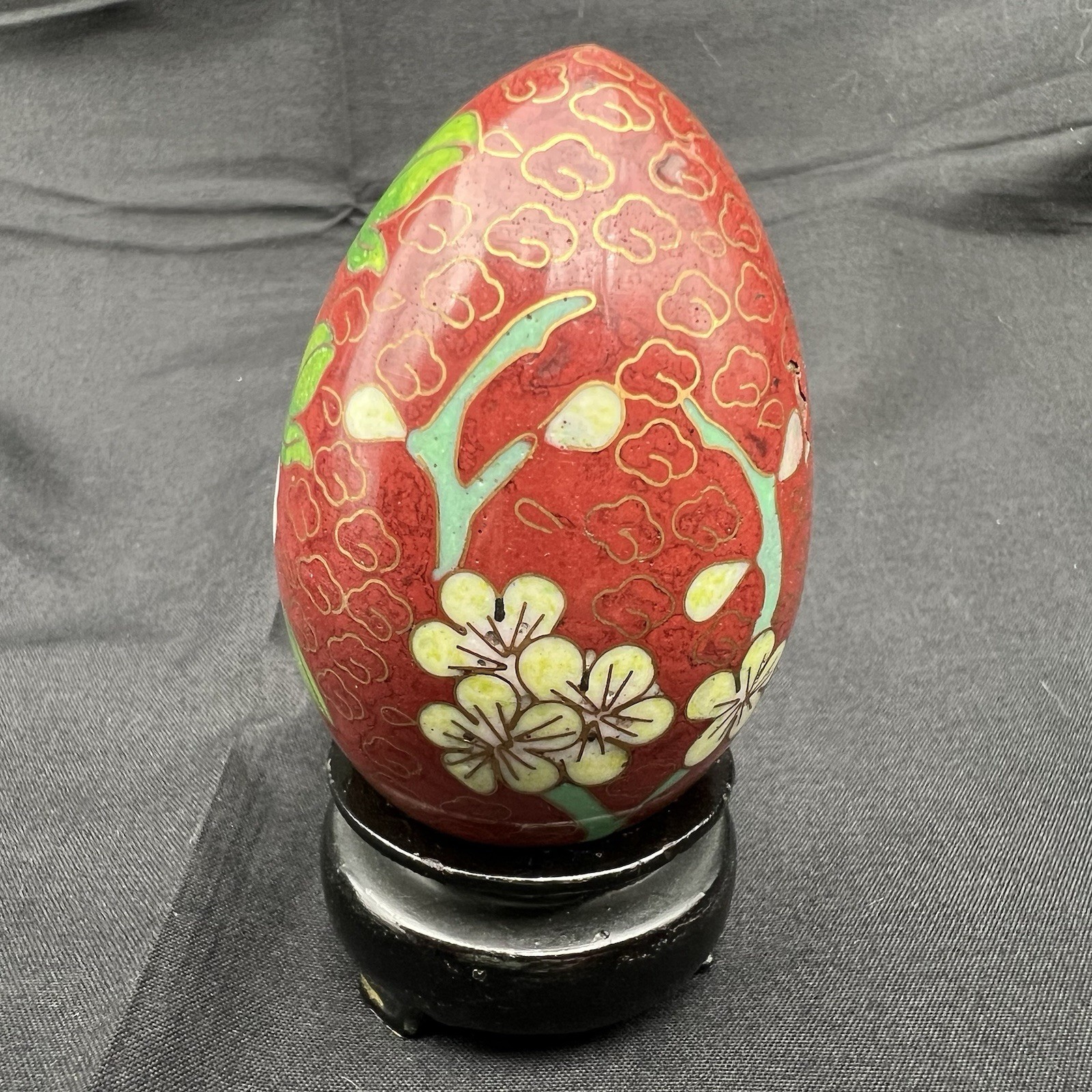 Vintage Chinese Cloisonne Enamel Egg Pair Red Blue Floral w Wood Stands