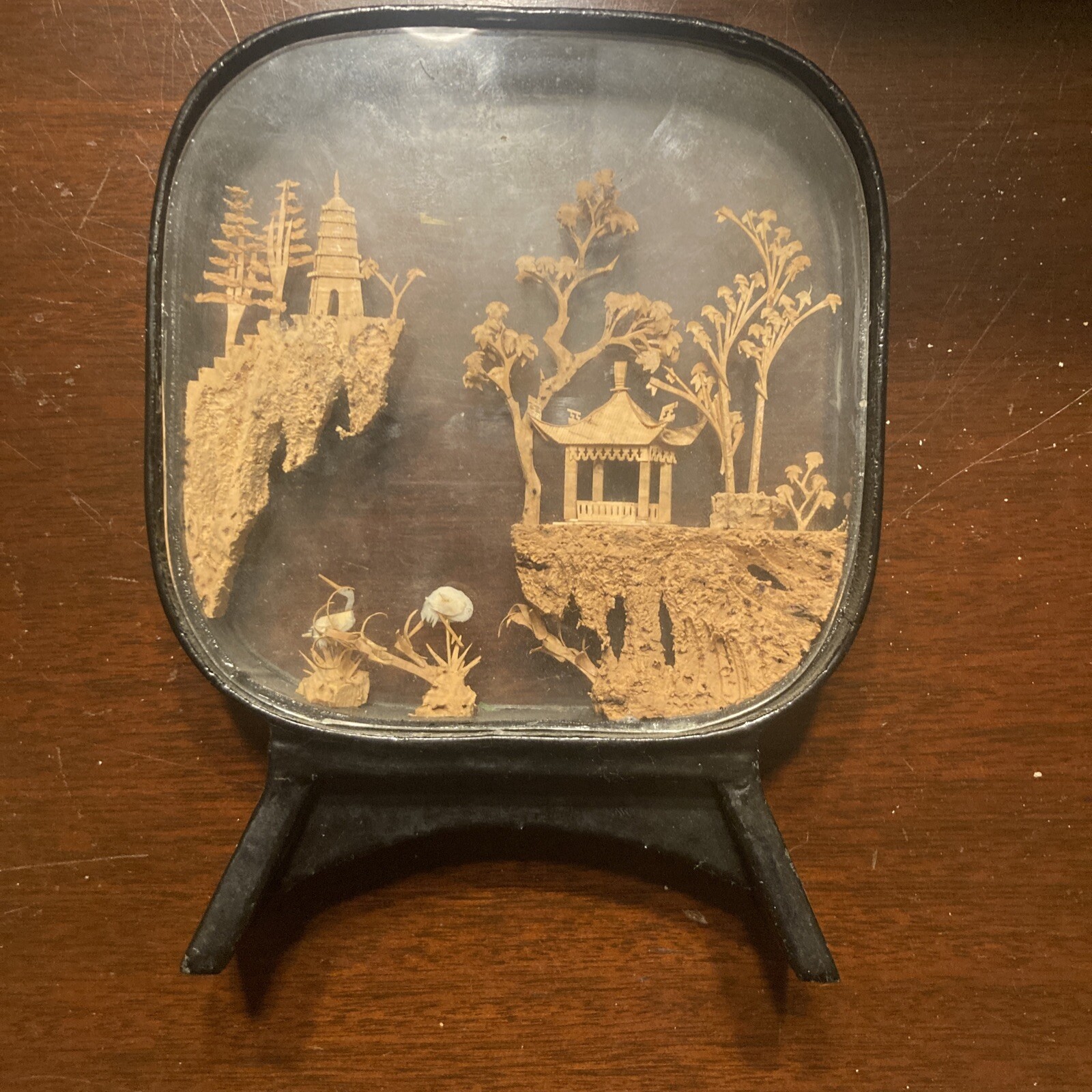 Vintage Hand-Carved Asian Cork & Wood Diorama Encased Glass&Black Lacquer Stand