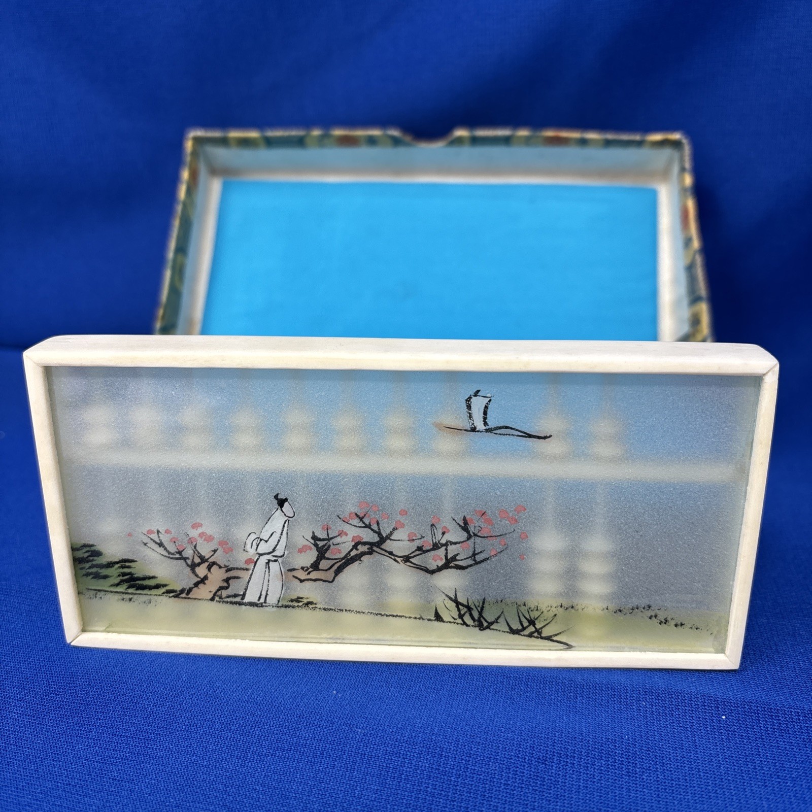 Small Vintage Chinese Suanpan Abacus Painted Glass Fabric Box PRC