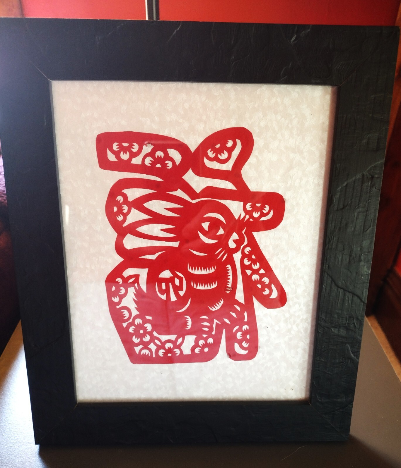 Chinese Paper Cut Out Jianzhi Artwork Year of the Rabbit Framed under Glass