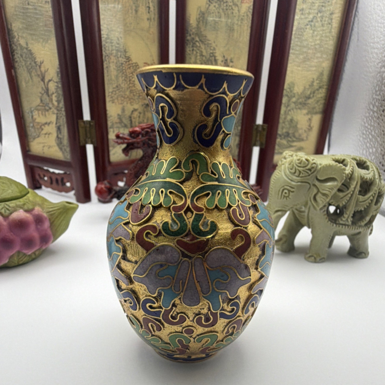 Antique Chinese Handmade Collectible Set: Vase, Teapot, Dragon, Elephant, Screen