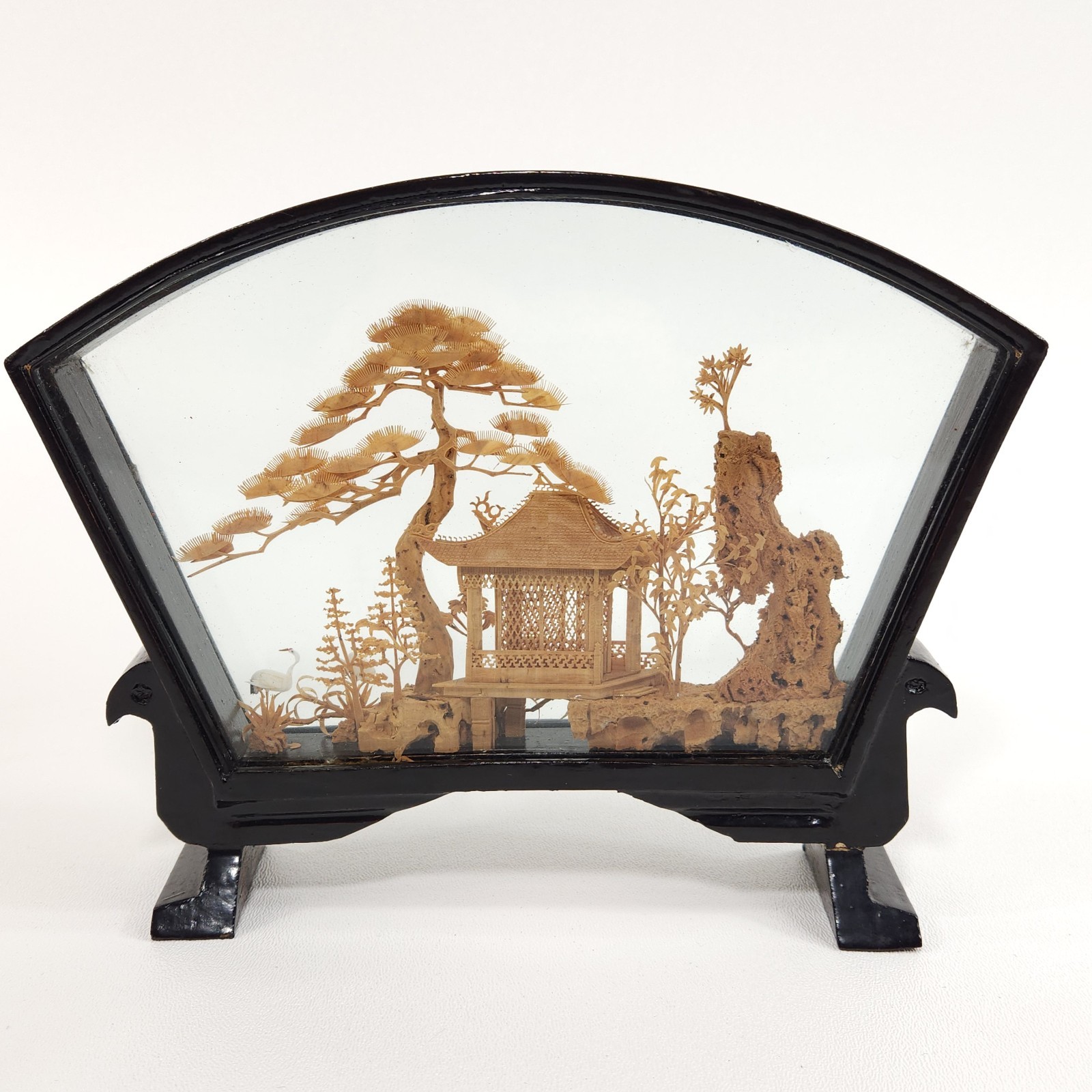 Vintage Chinese Diorama Cork Carving Glass Case Pagoda Trees Cranes