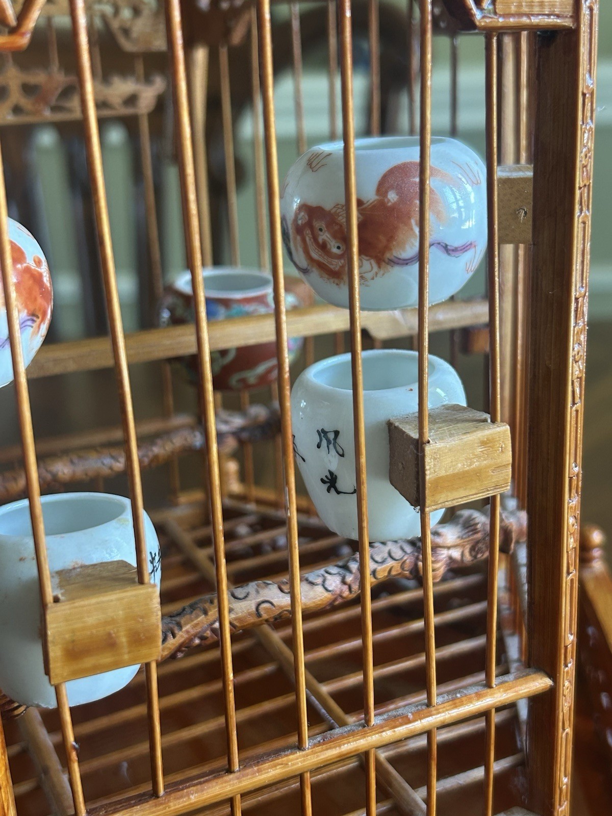 Antique Chinese Bamboo Bird Cage Hand Carved Vintage Feeders