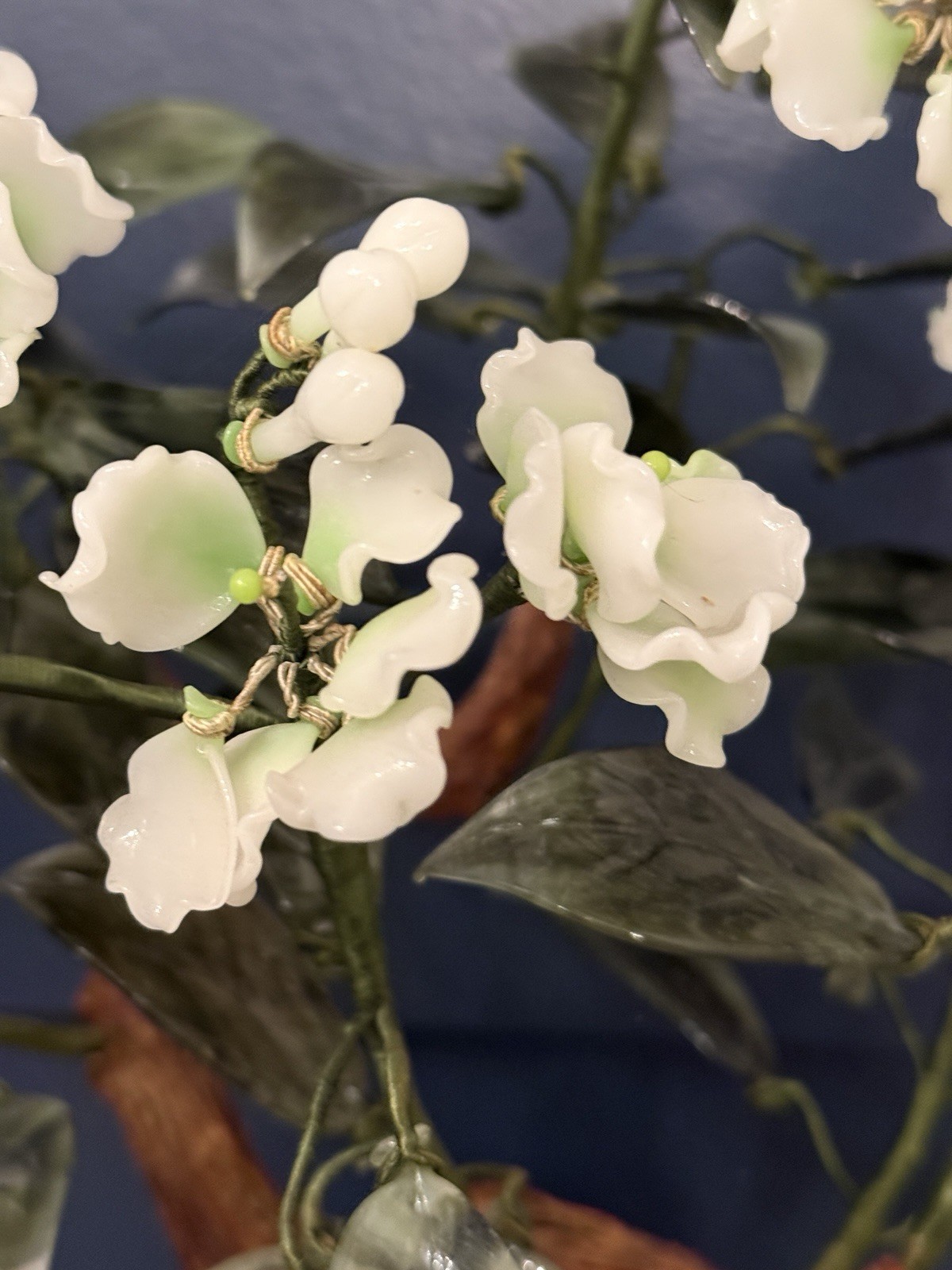 Vintage Jade Bonsai Tree Carved White Flowers High Blossom 15.5” Tall