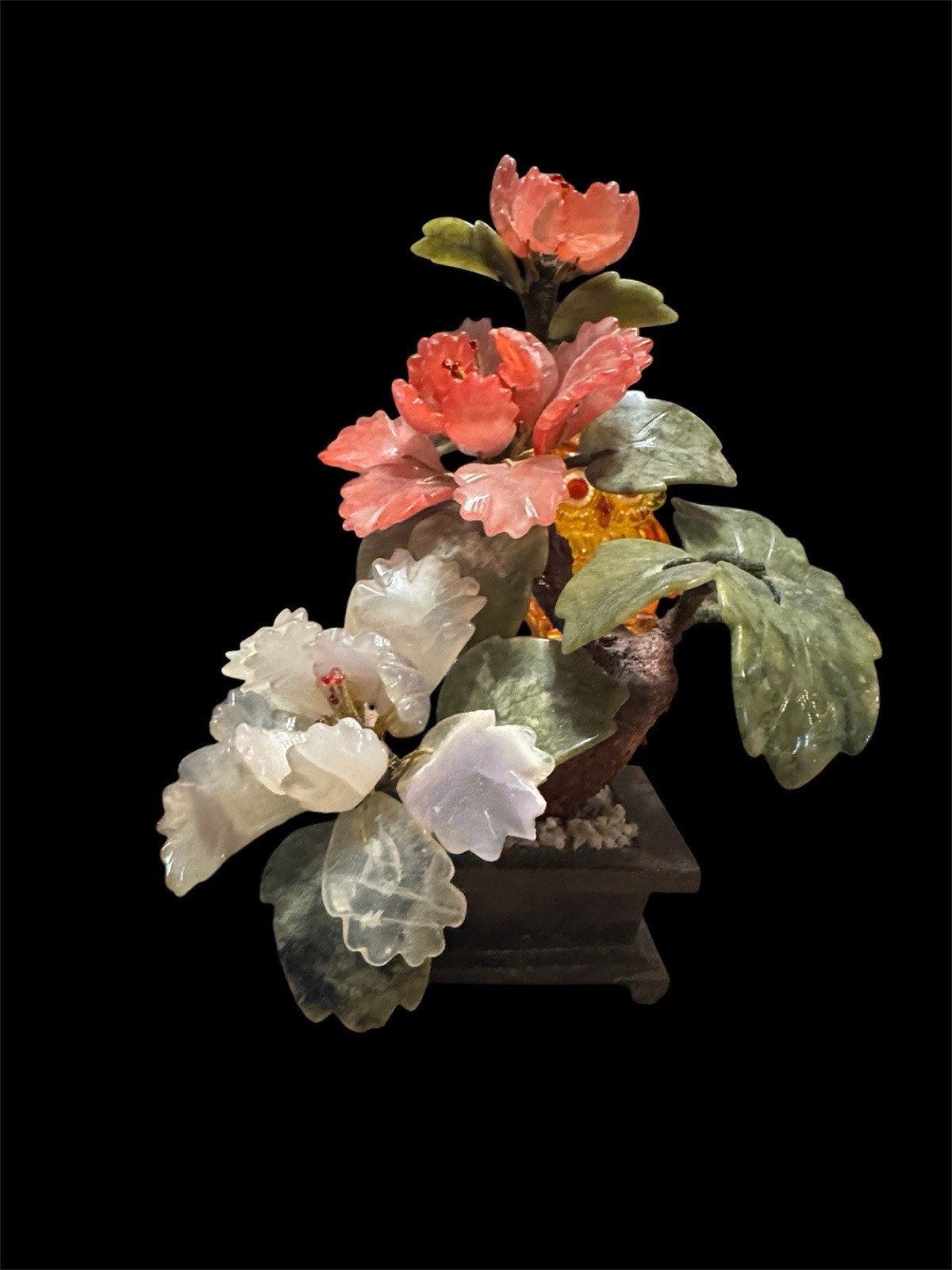 Vintage 10” Chinese Jade Quartz Bonsai Tree Floral Carved Flower Tree