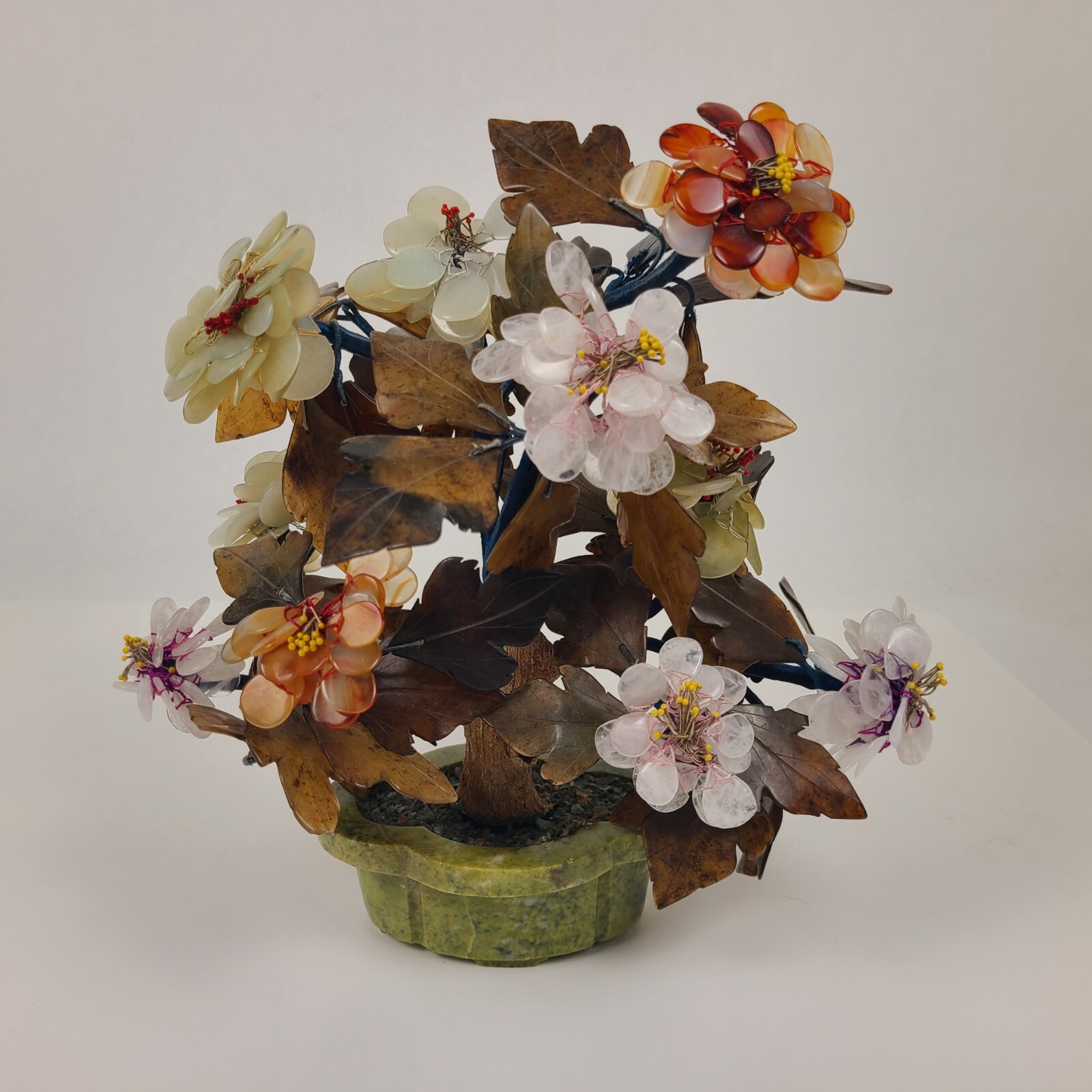 Vtg MCM Carved Agate Jade Quartz Bonsai Tree Flower Blossom Plant 11″ Tall Asian