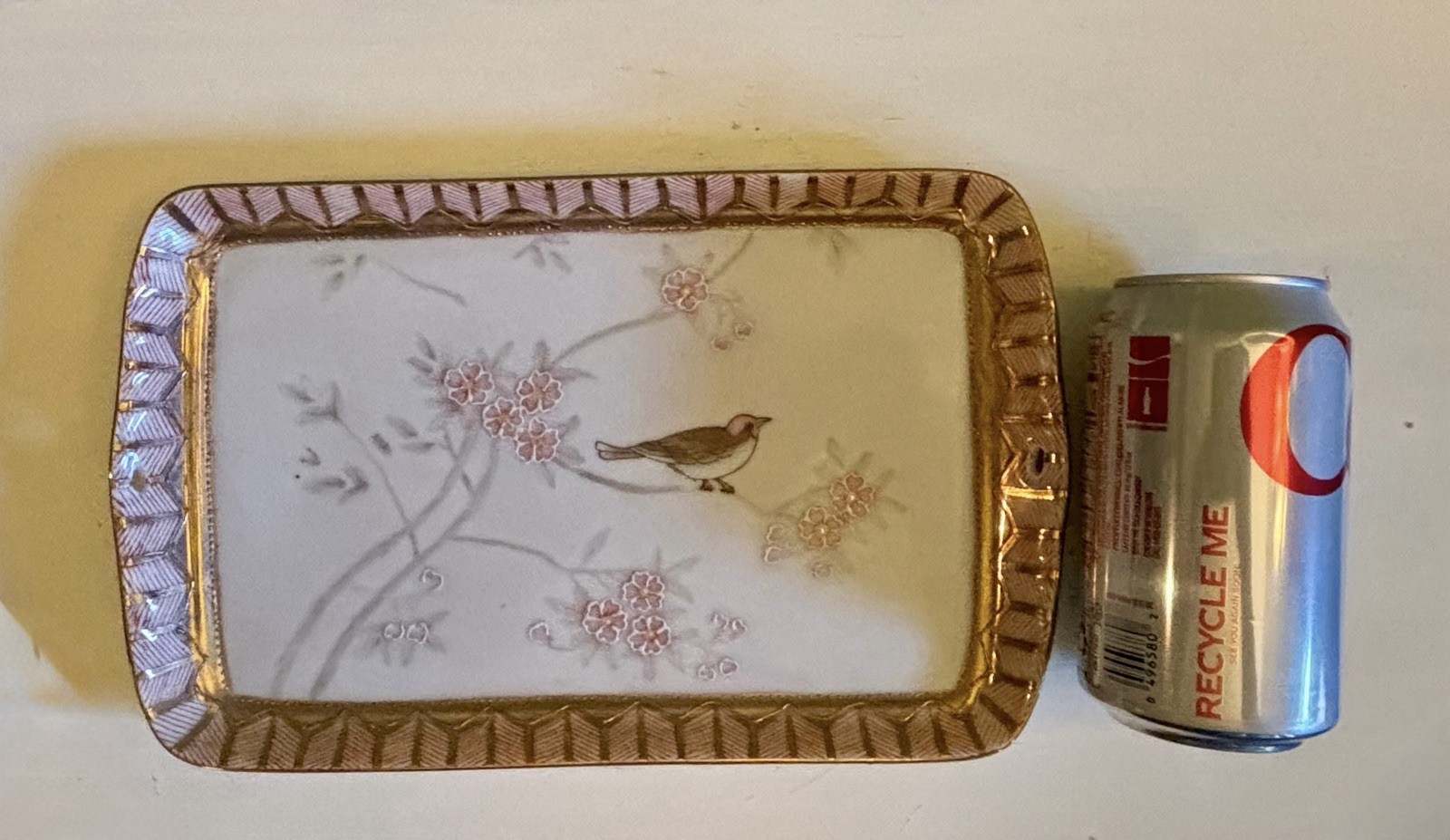 Ceramic Chinoiserie Vanity Tray w/ Hand Painted Cherry Blossoms & Songbirds