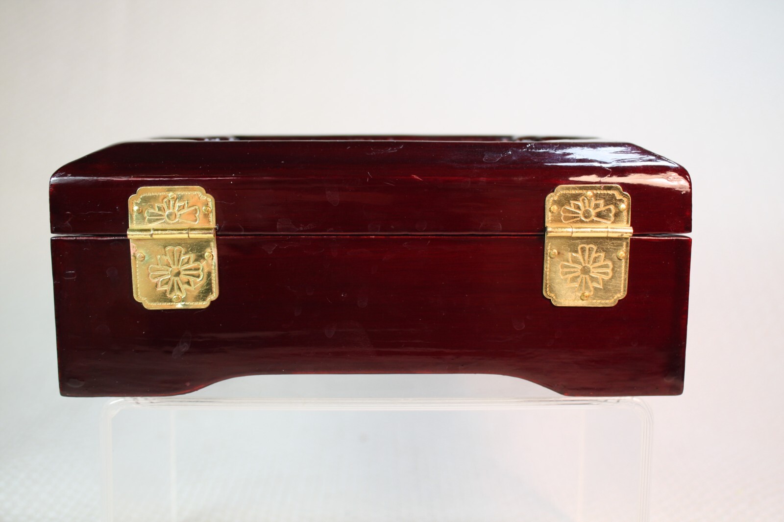 Vtg Chinese Lacquered Carved Cork Diorama in Lid Jewelry Trinket Box with Lock
