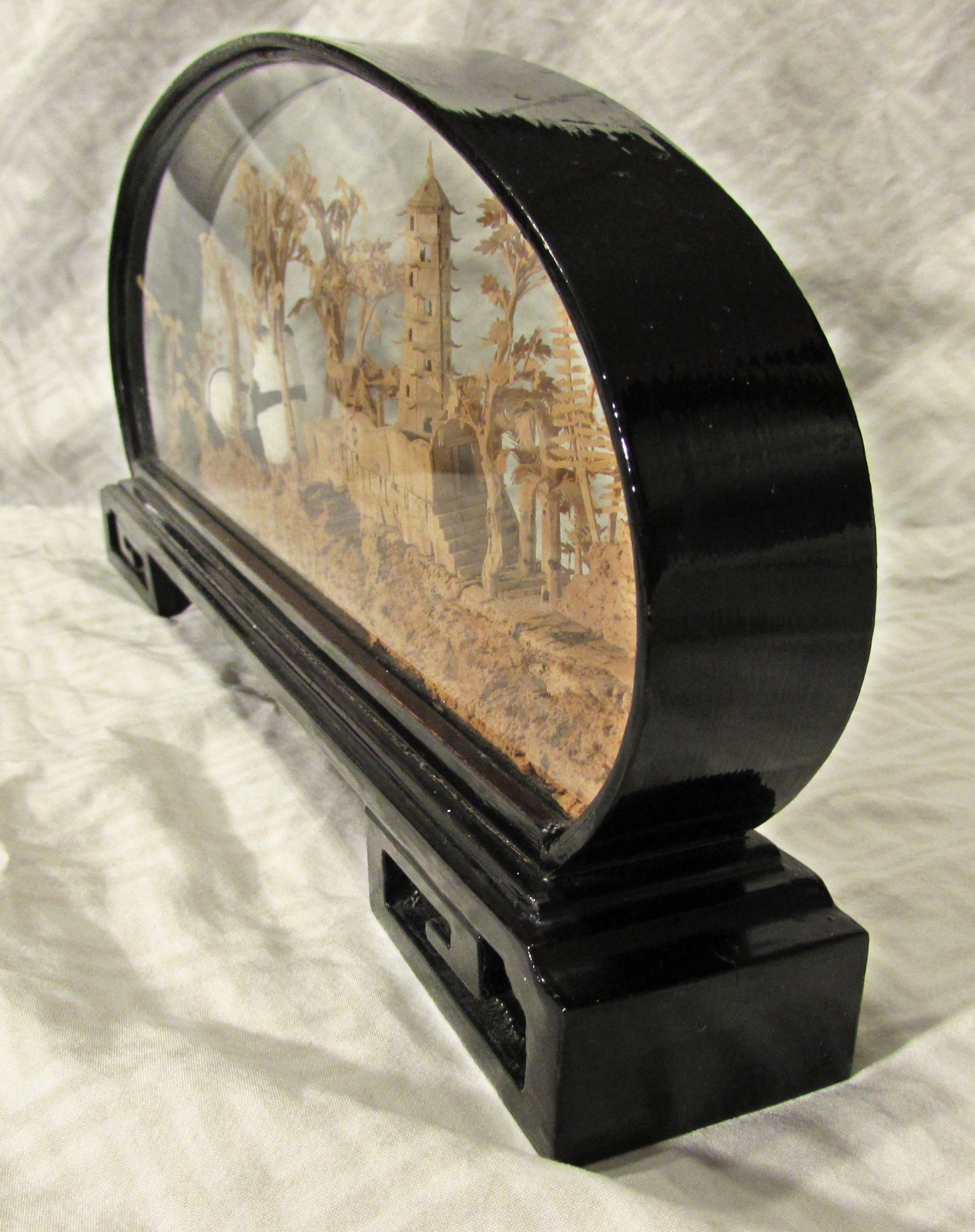 Vintage Chinese Panda Cork Diorama Arched Black Lacquered Shadow Box Case 1950s
